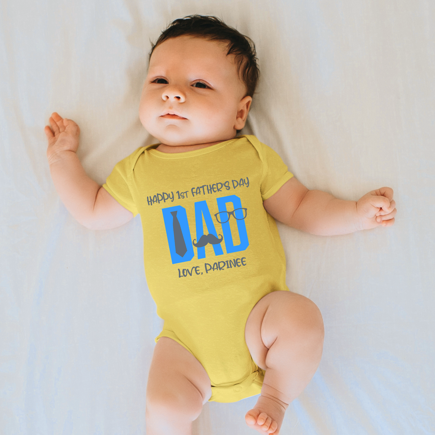 First Father's Day Tie Specs Yellow Onesie (Blue Dad)