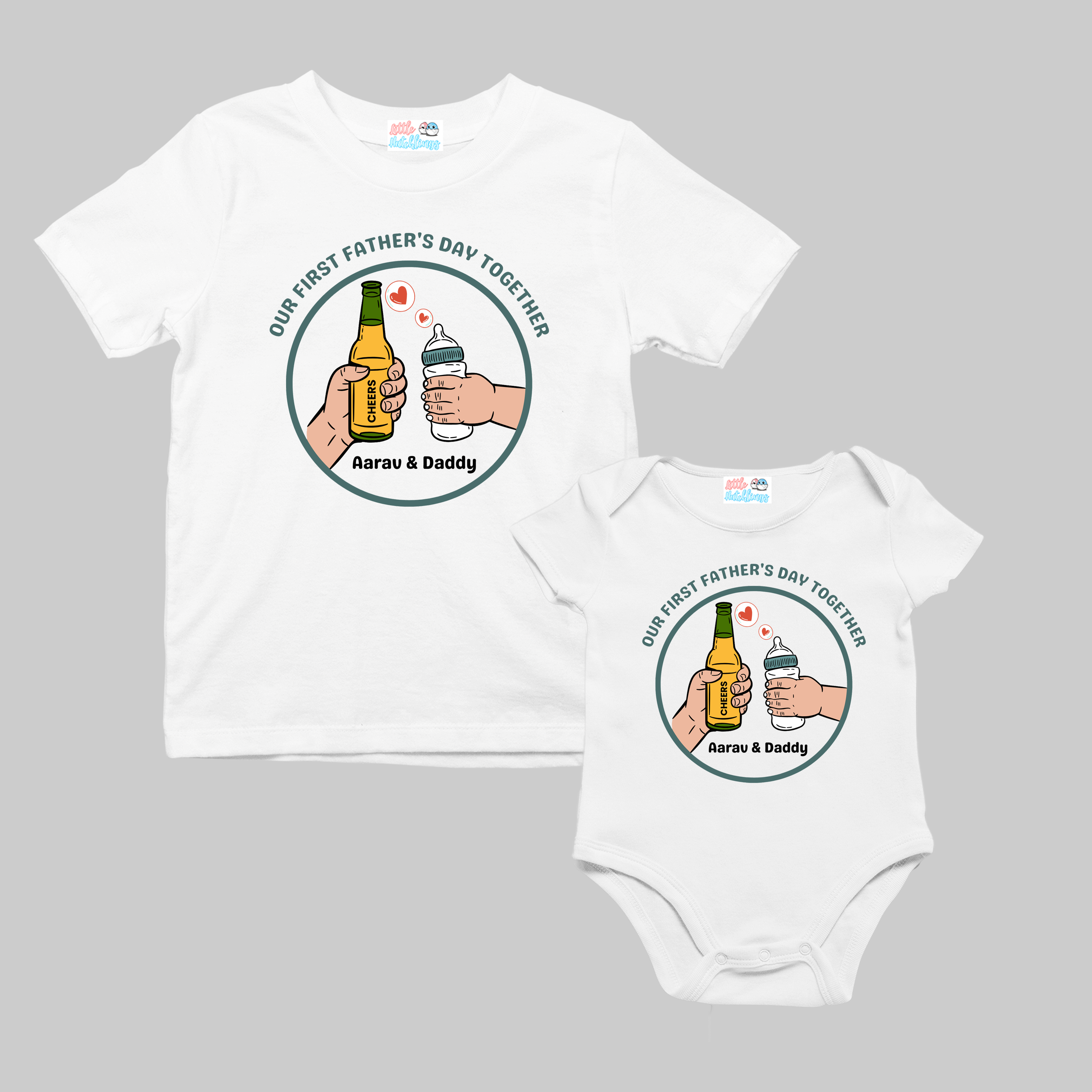 Our First Father's Day With Name (Beer & Milk Bottle) White Combo