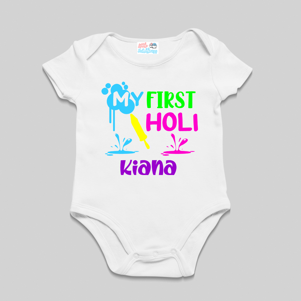 My First Holi Personalised Onesie / Romper / Tshirt (Puddles - Name Purple)