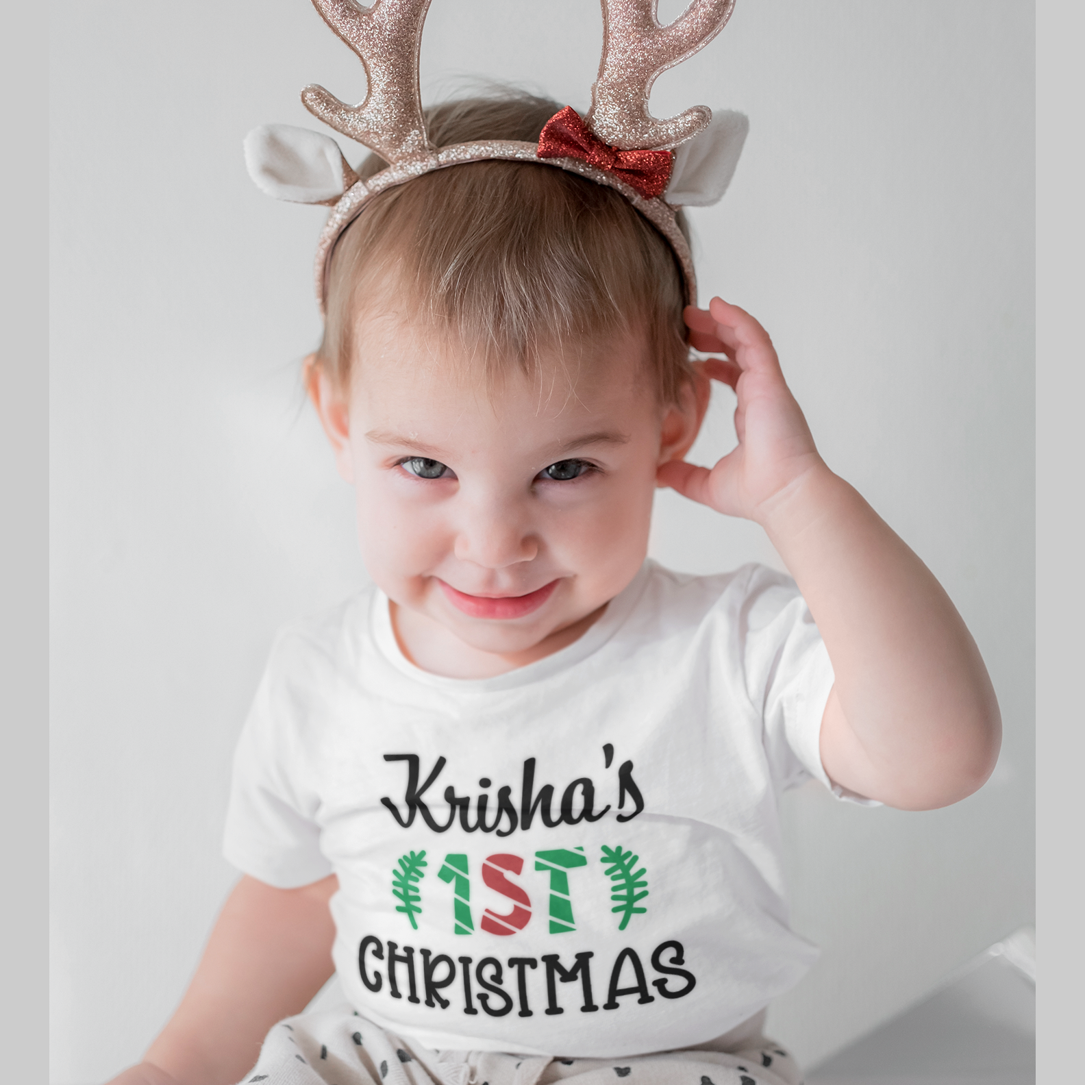 First Christmas Personalised White Onesie / Romper / Tshirt (Leaves & Stripes)