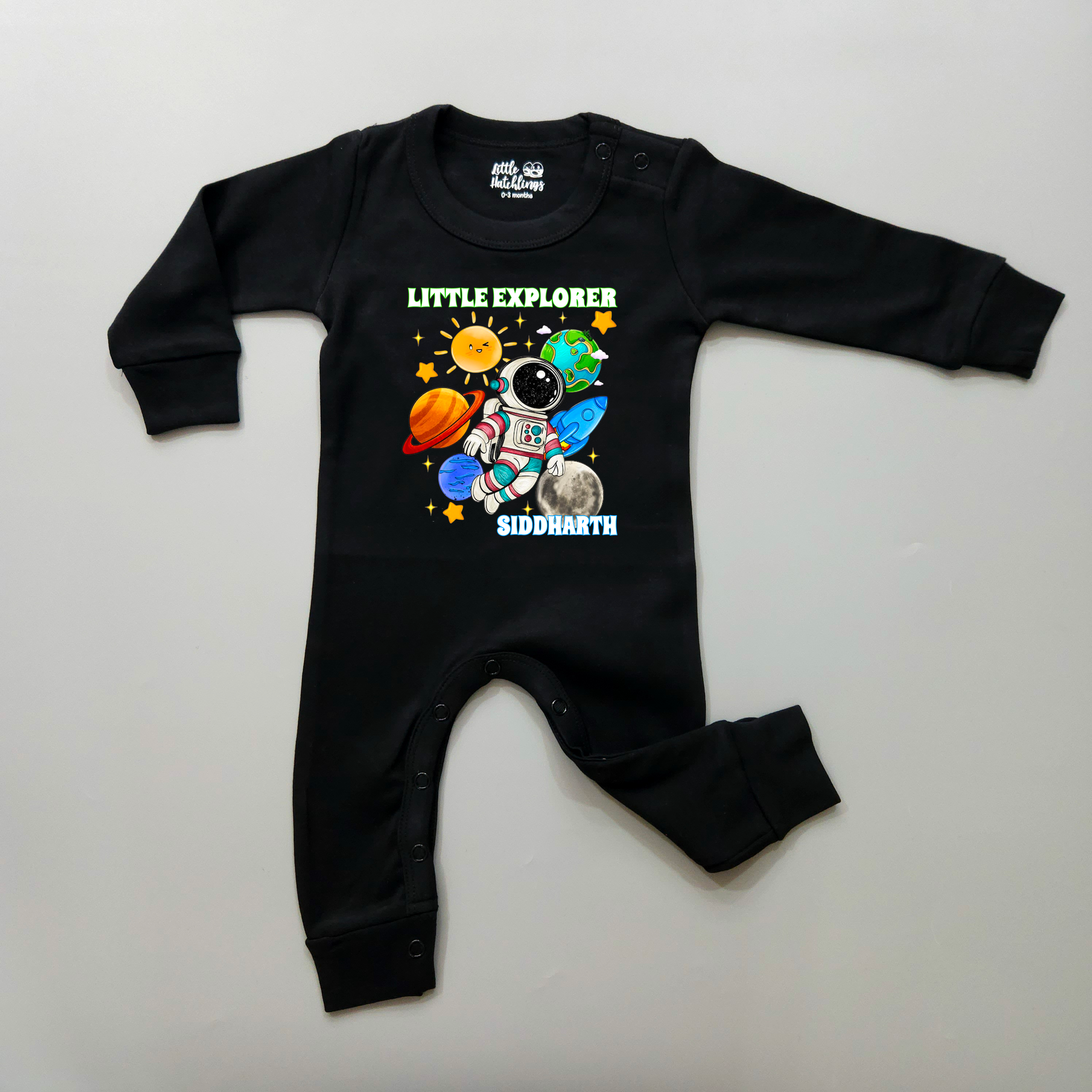 Little Explore With Name Black Onesie / Romper / Tshirt