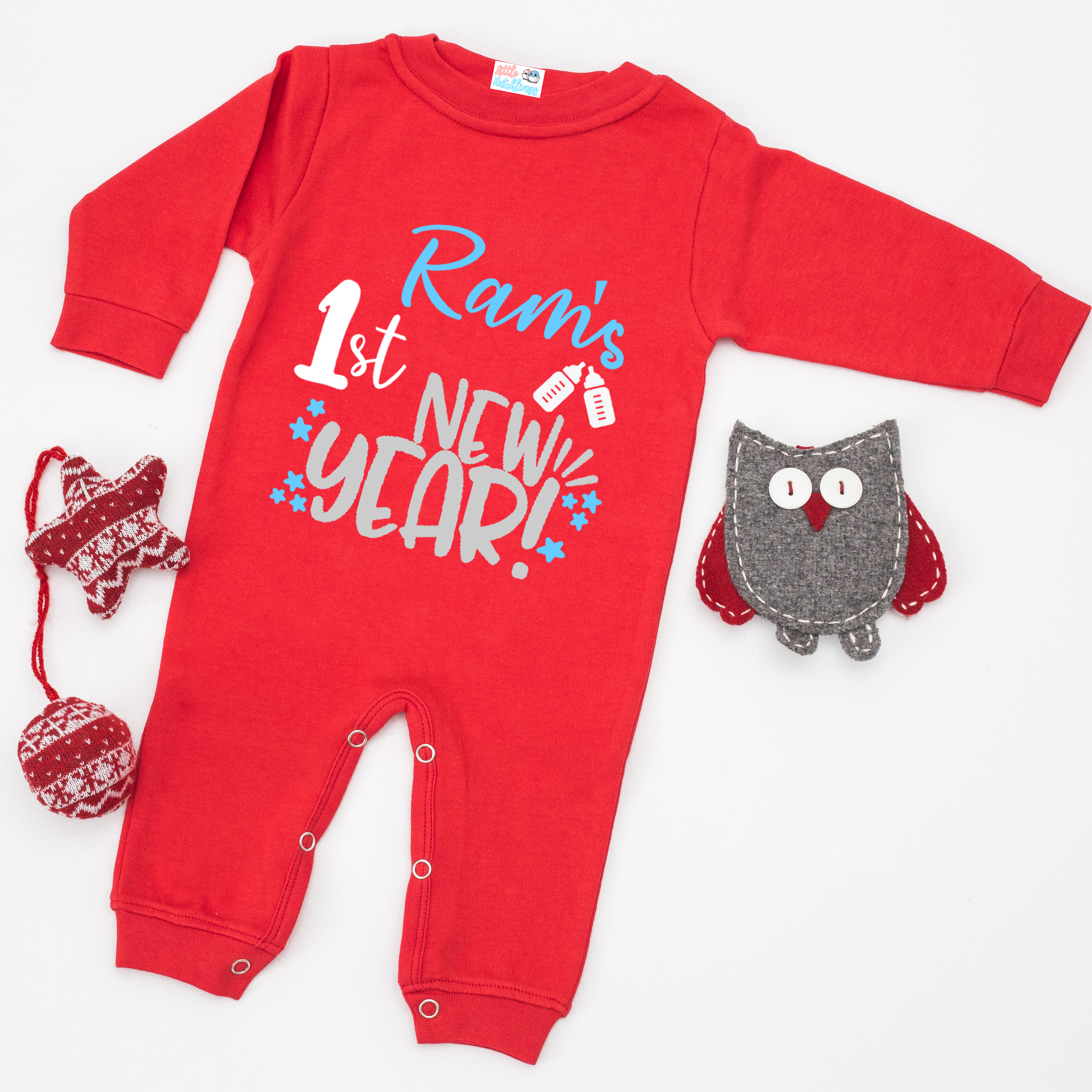 First New Year Blue Name Red Onesie / Full Romper (Bottles)