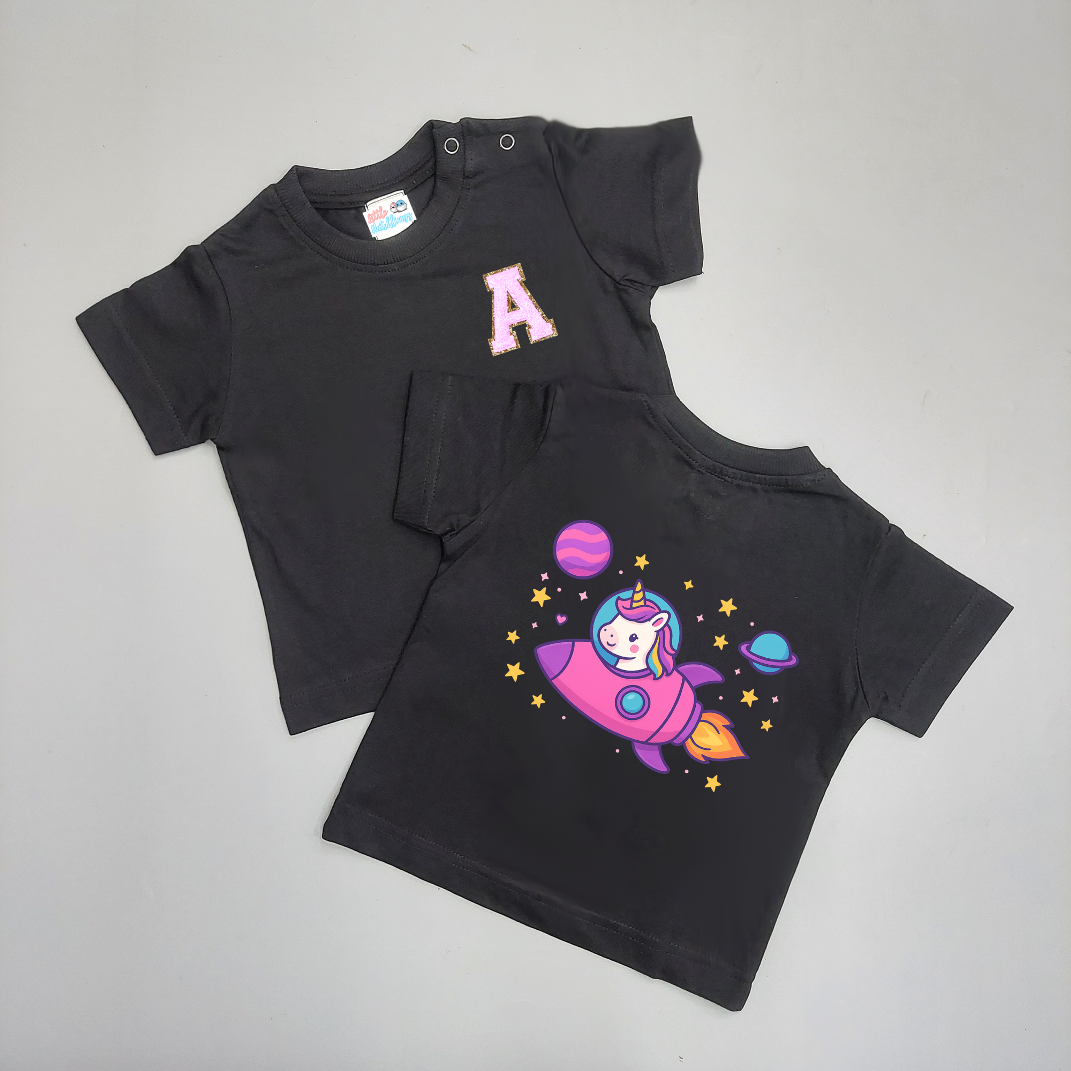 Rocket Unicorn With Alphabet Patch Black Tshirt