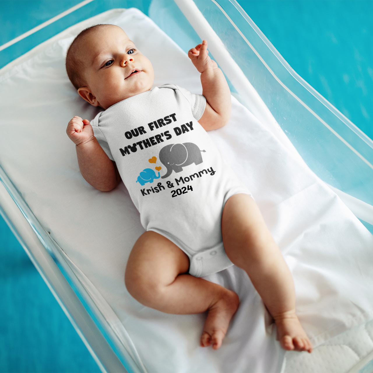 First Mother's Day Personalised White Onesie (Blue Elephant)