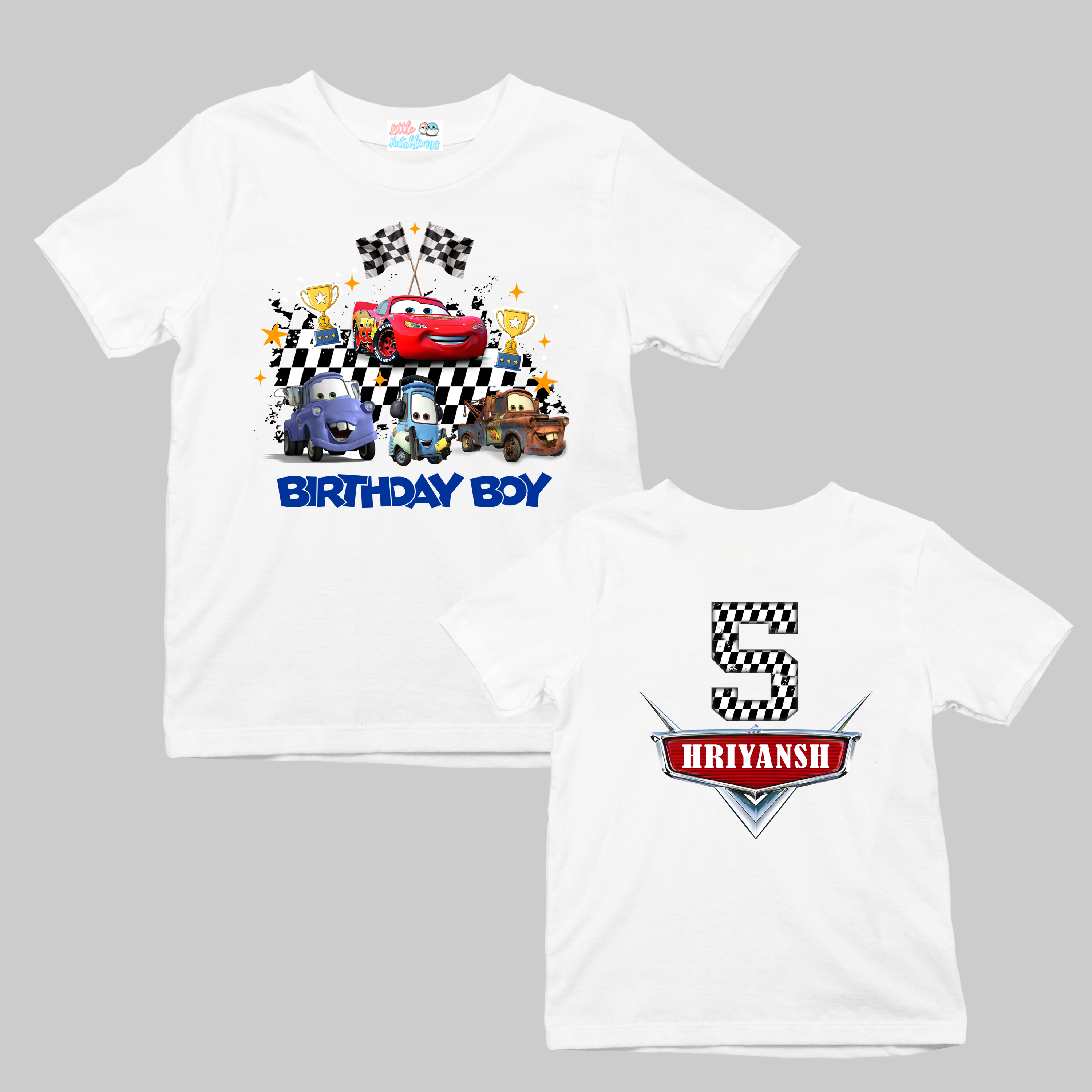Car Theme Birthday Boy White Tshirt Front Back