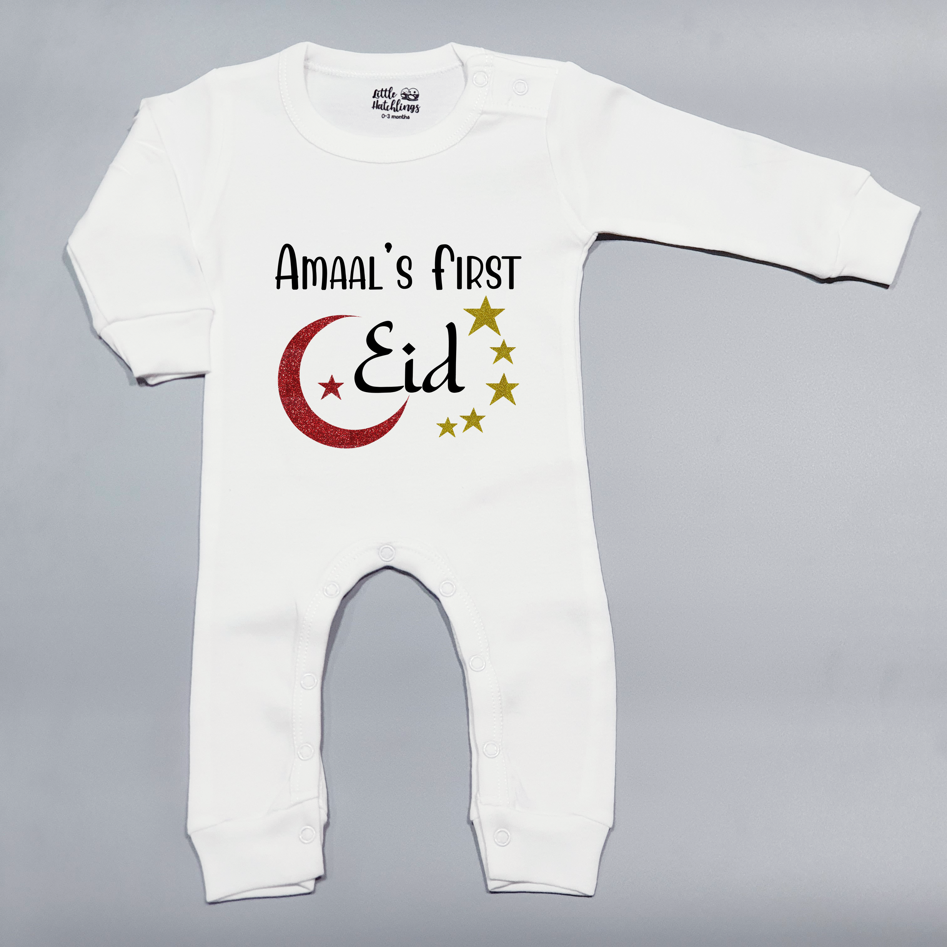 First Eid Personalised White Onesie / Romper (Red Moon & Gold Stars)