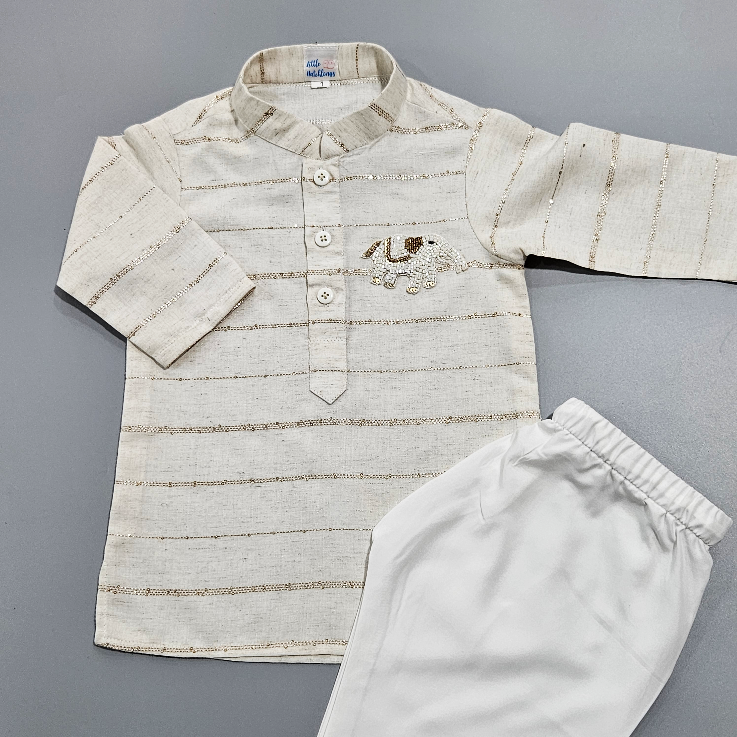 Cream Kurta Set with Golden Sequin & Elephant Detailing