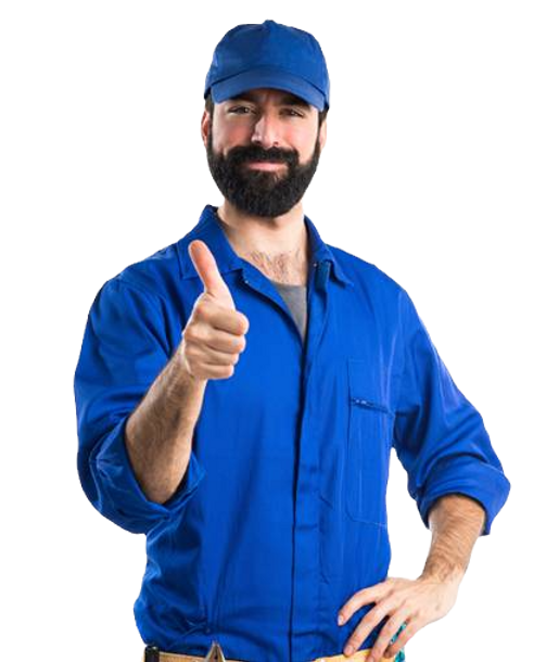 male plumber wearing blue overalls giving a thumbs up