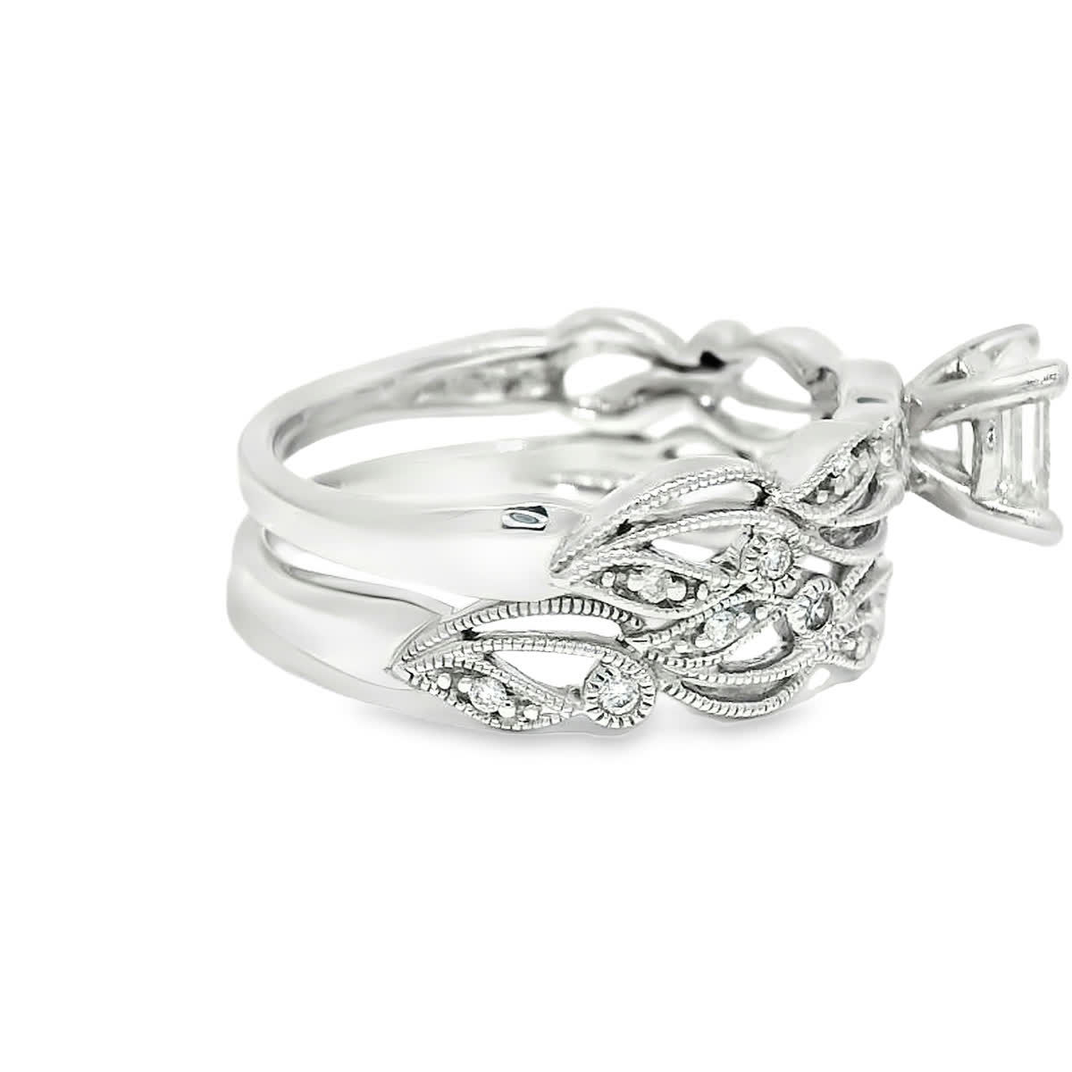 Emerald Cut Diamond Filigree Bridal Set in White Gold