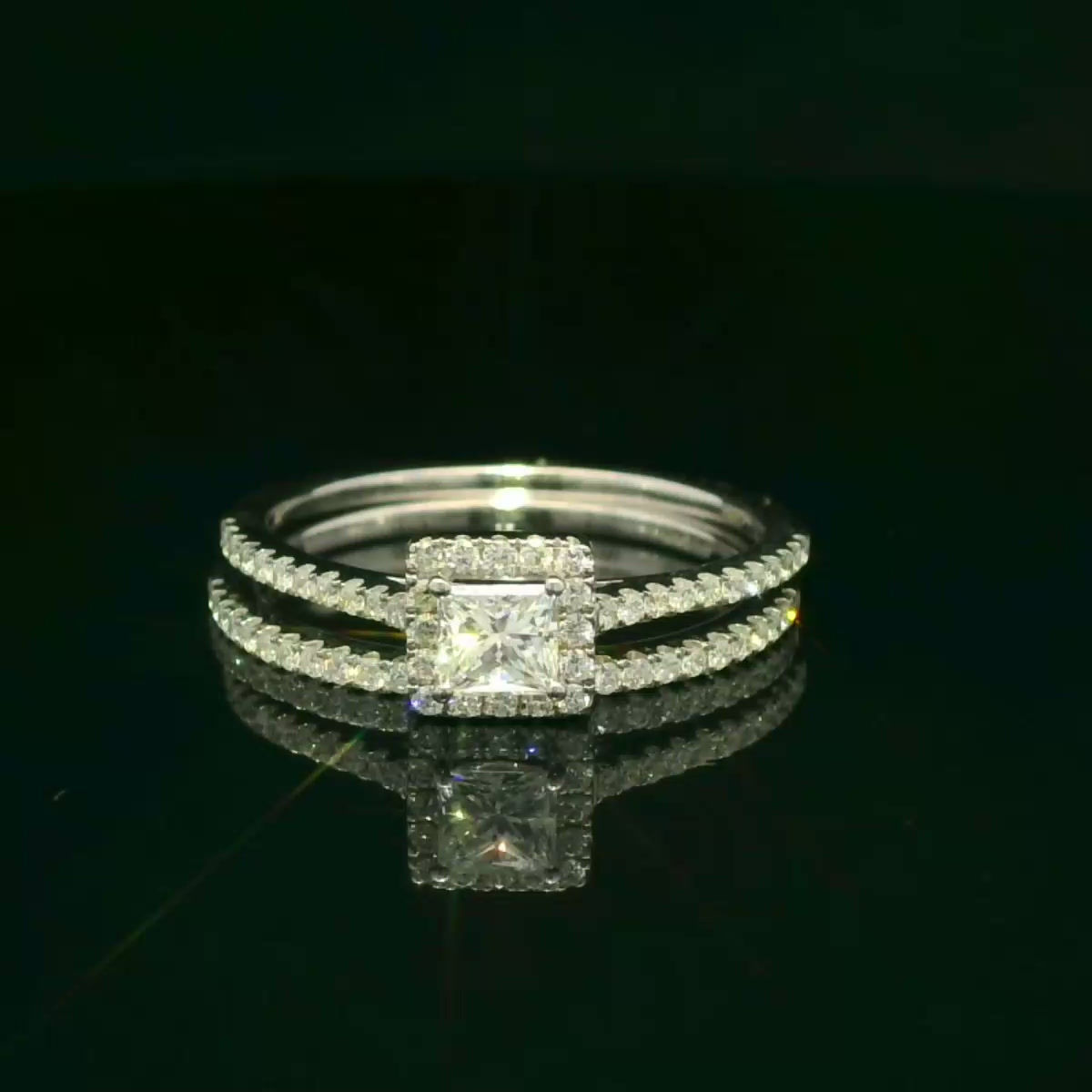 Princess Cut Diamond Halo Split Shank Engagement Ring in White Gold