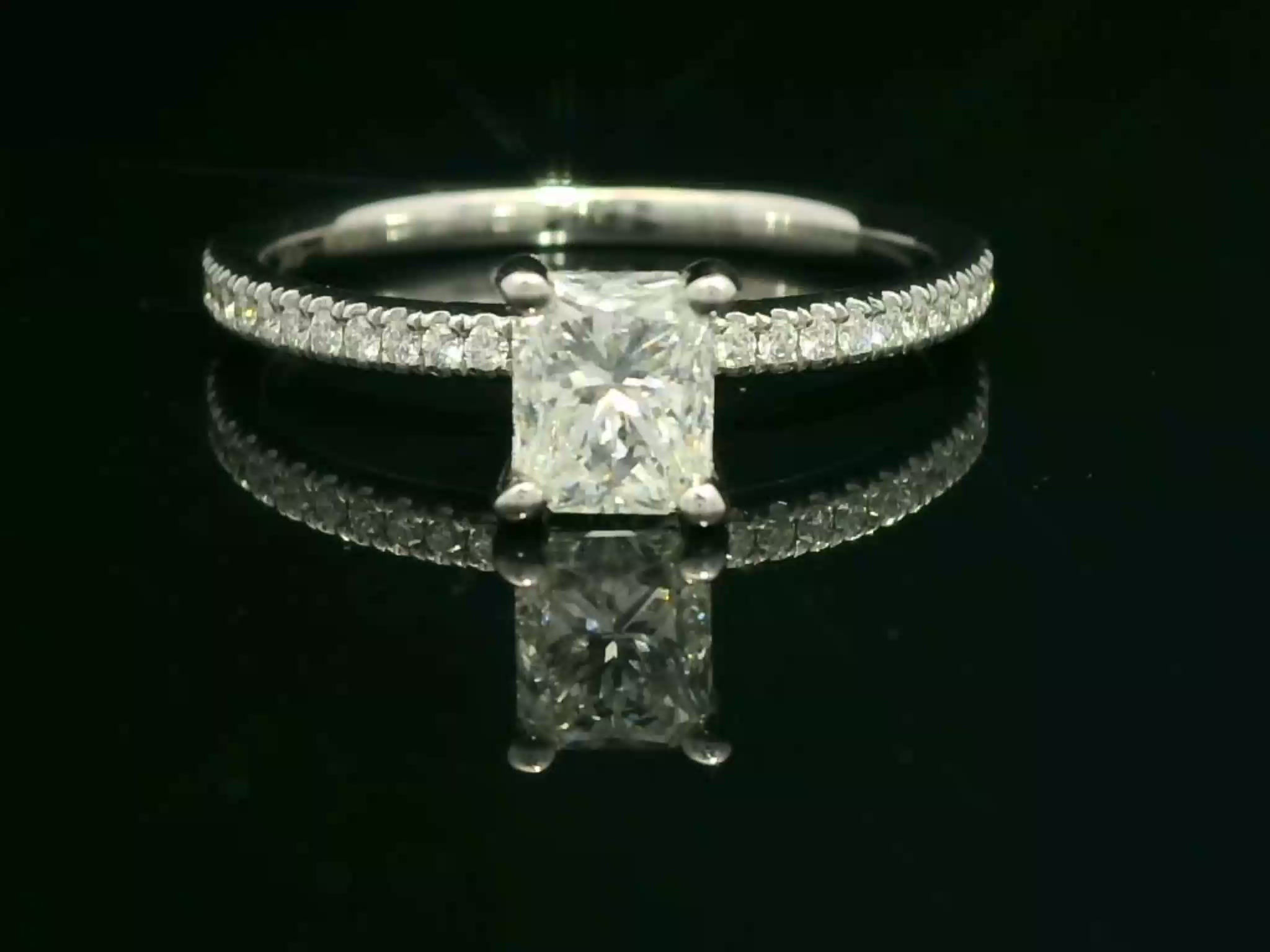 Radiant Cut Diamond Engagement Ring in White Gold with Pav Diamond Shank