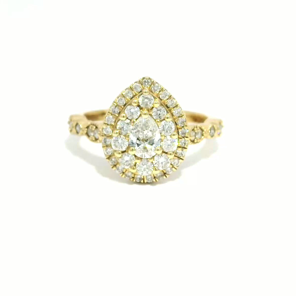 Pear-Cut Diamond Double Halo Cluster Ring in Yellow Gold