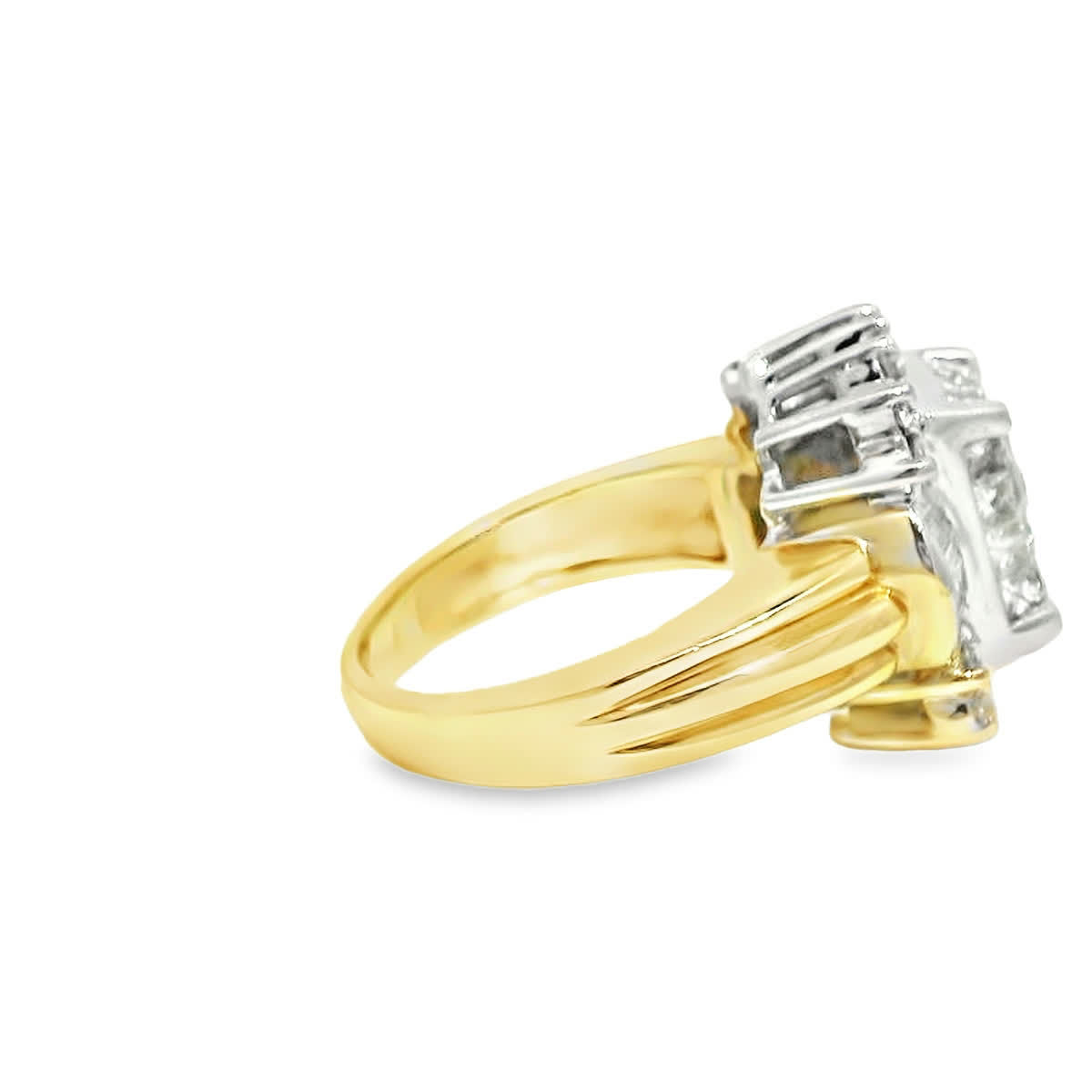 Bicolor Princess and Baguette Diamond Cluster Cocktail Ring