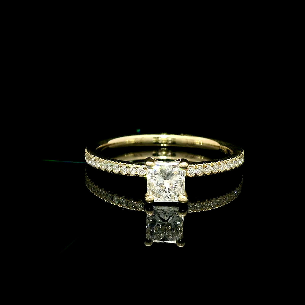 Princess-Cut Diamond Solitaire Ring in Yellow Gold with Pave Band