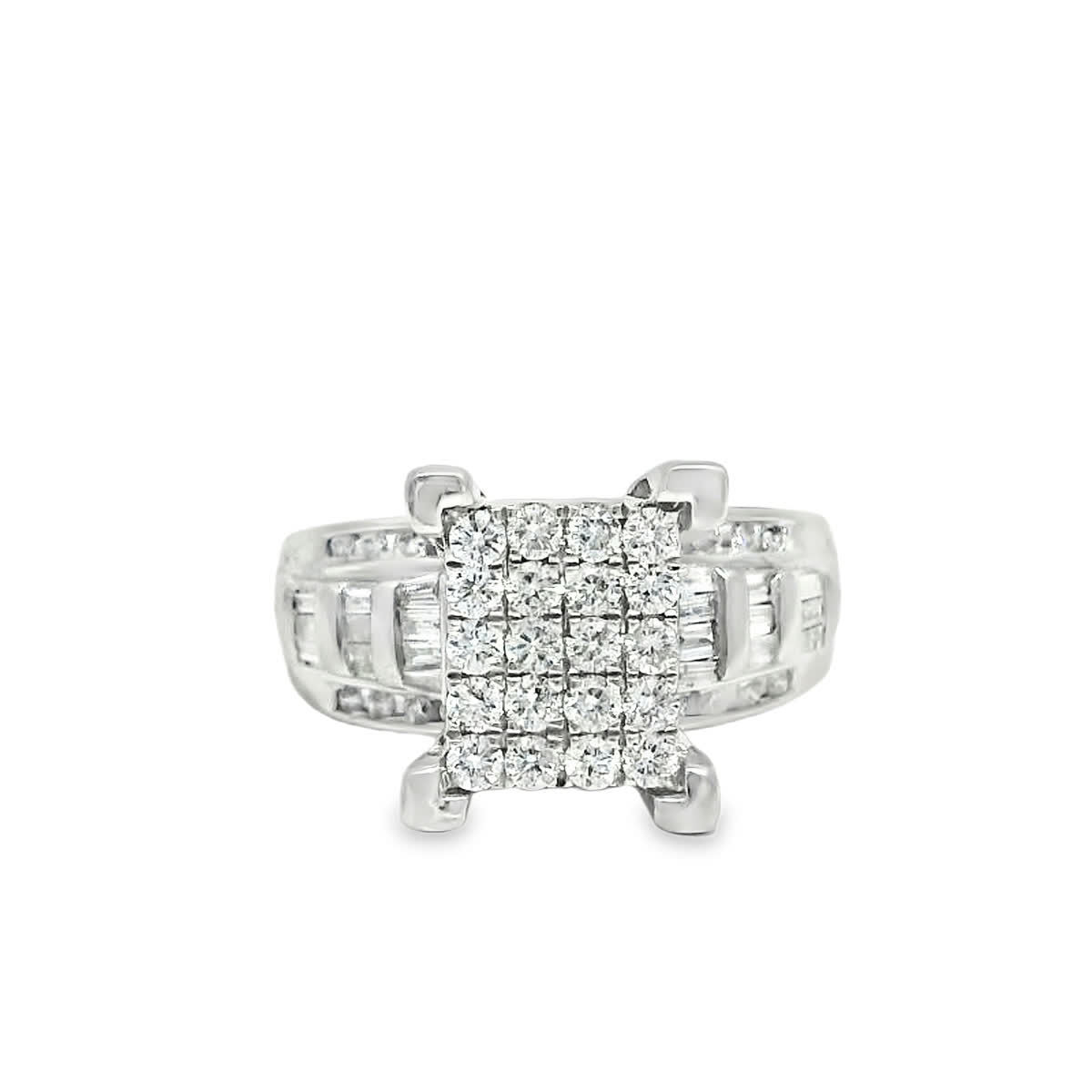 Square Cluster Round and Baguette Cut Diamond White Gold Ring