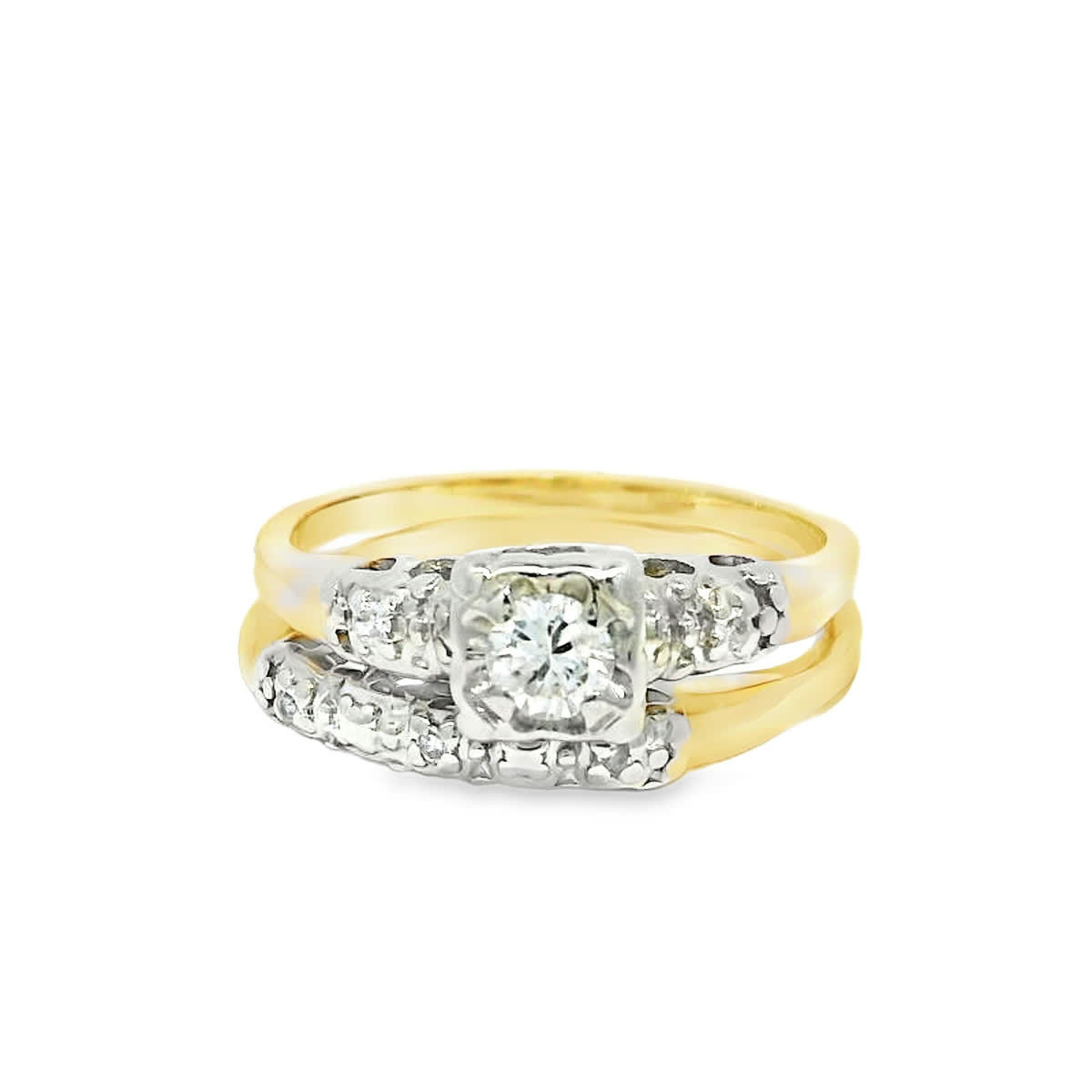 Vintage Round Brilliant Diamond Bridal Wedding Set in Two-Tone Yellow Gold