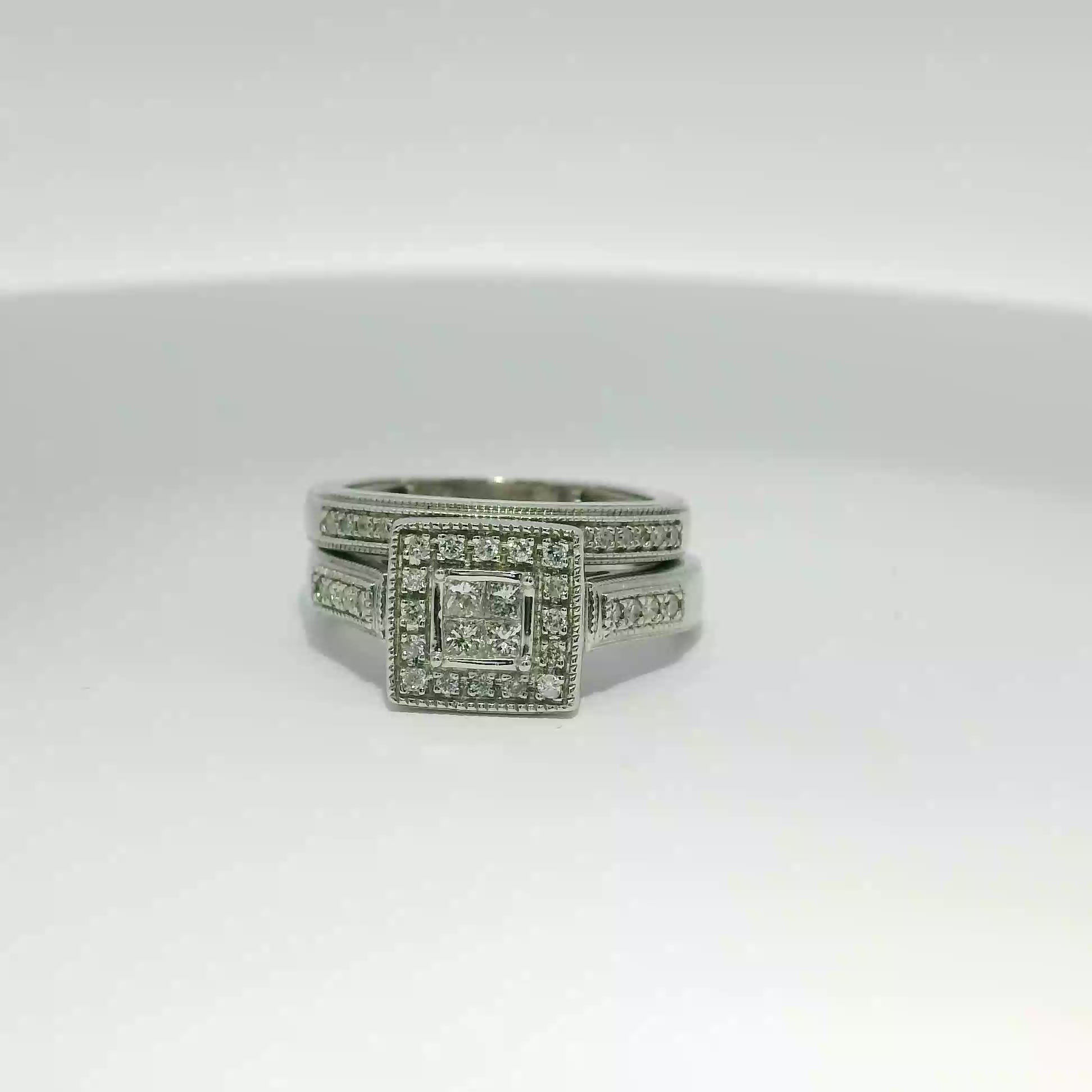 Vintage-Inspired Princess Quad Halo Diamond Bridal Set in White Gold