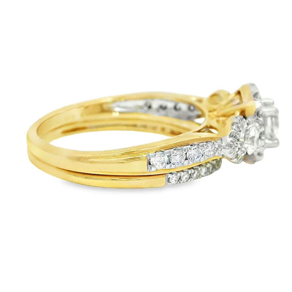 Thumbnail: Three-Stone Diamond Halo Bridal Set in Yellow Gold