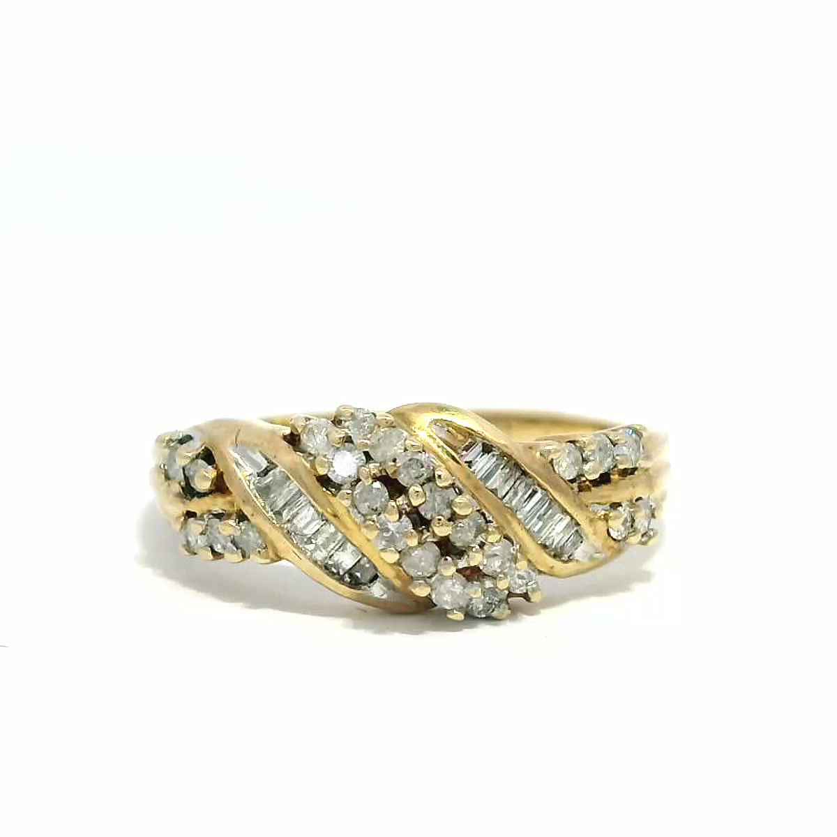 Yellow Gold Bypass Multistone Diamond Cluster and Baguette Ring