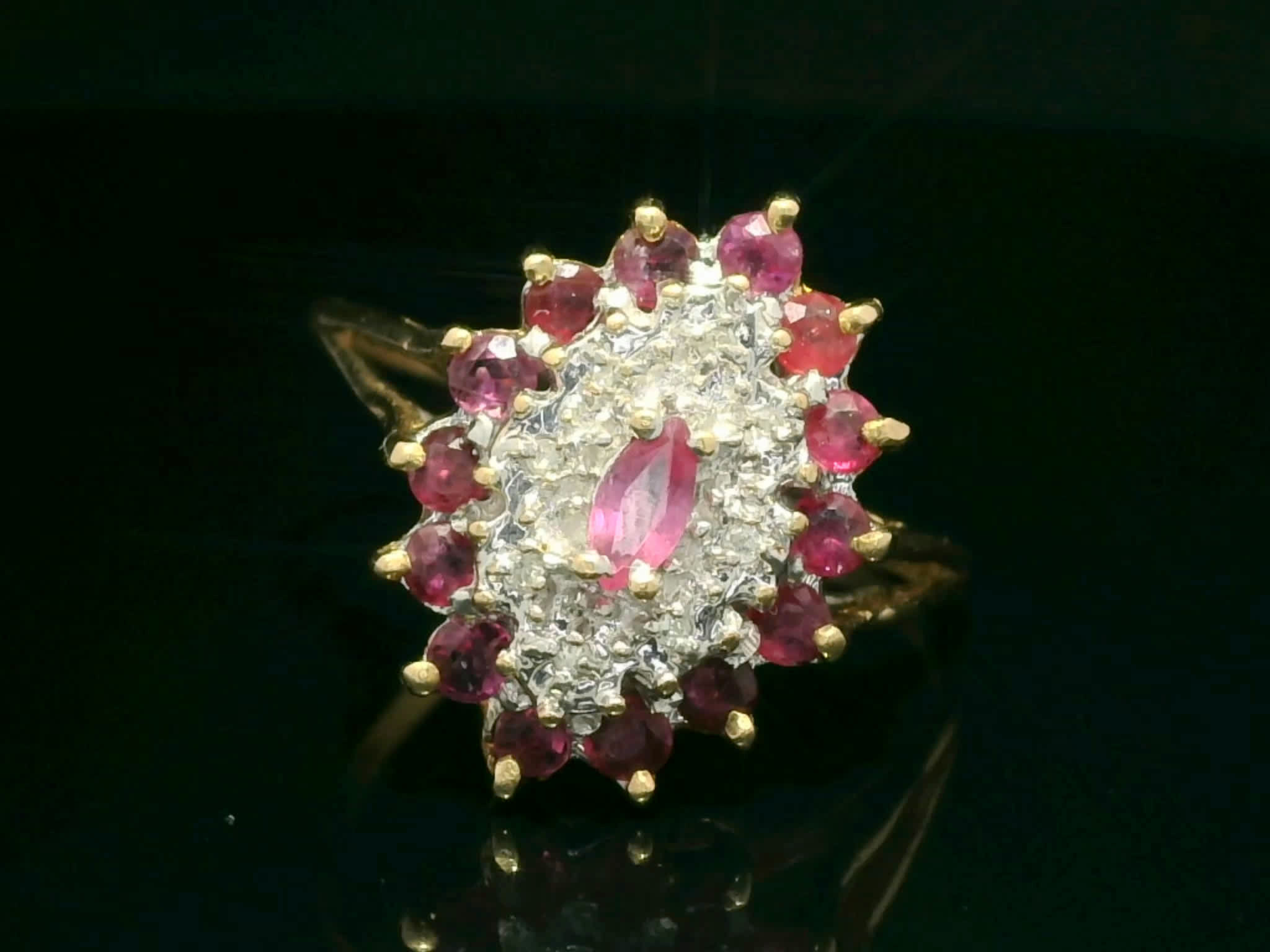 Marquise Ruby and Diamond Halo Cluster Cocktail Ring in Yellow Gold