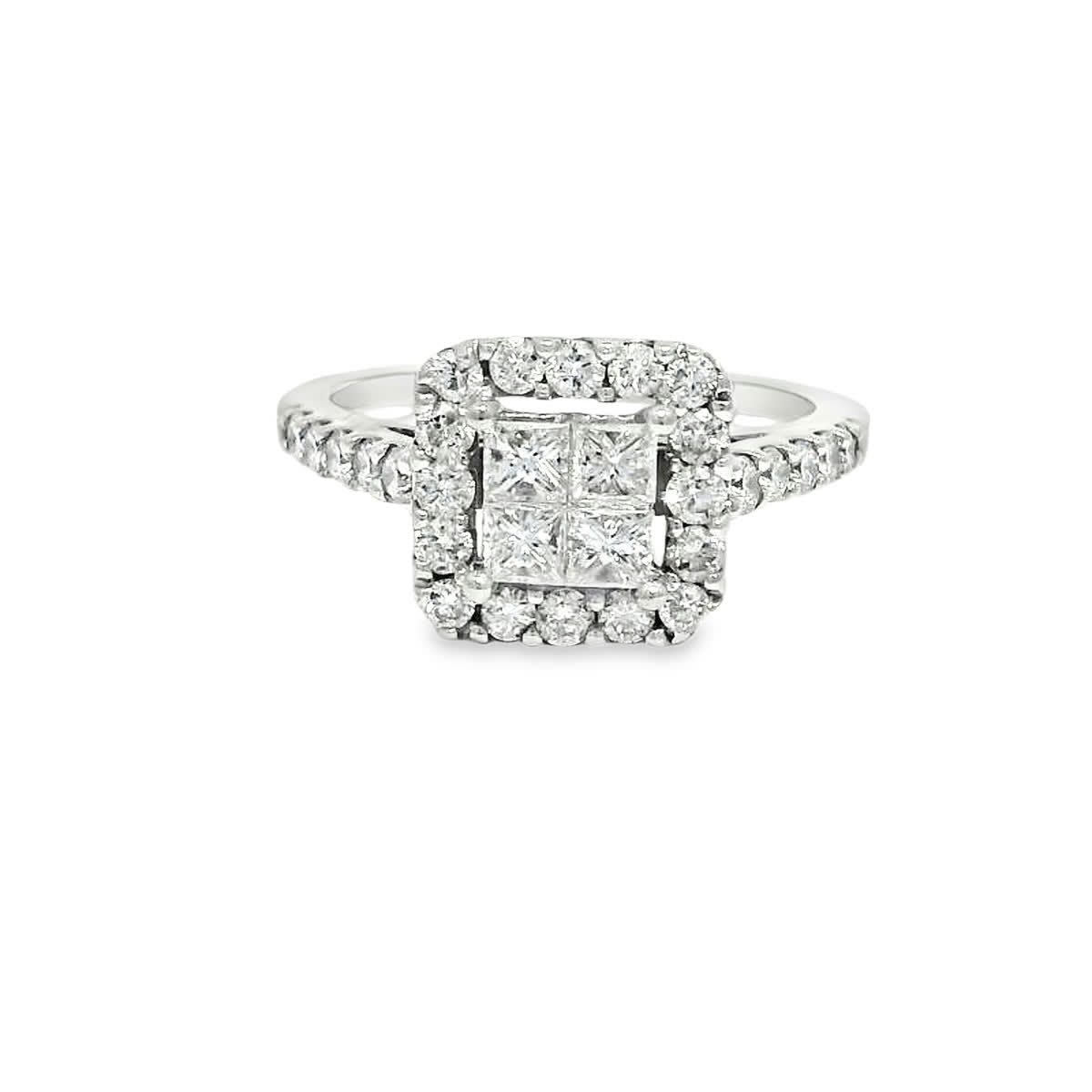 White Gold Quad Princess Cut Diamond Halo Engagement Ring