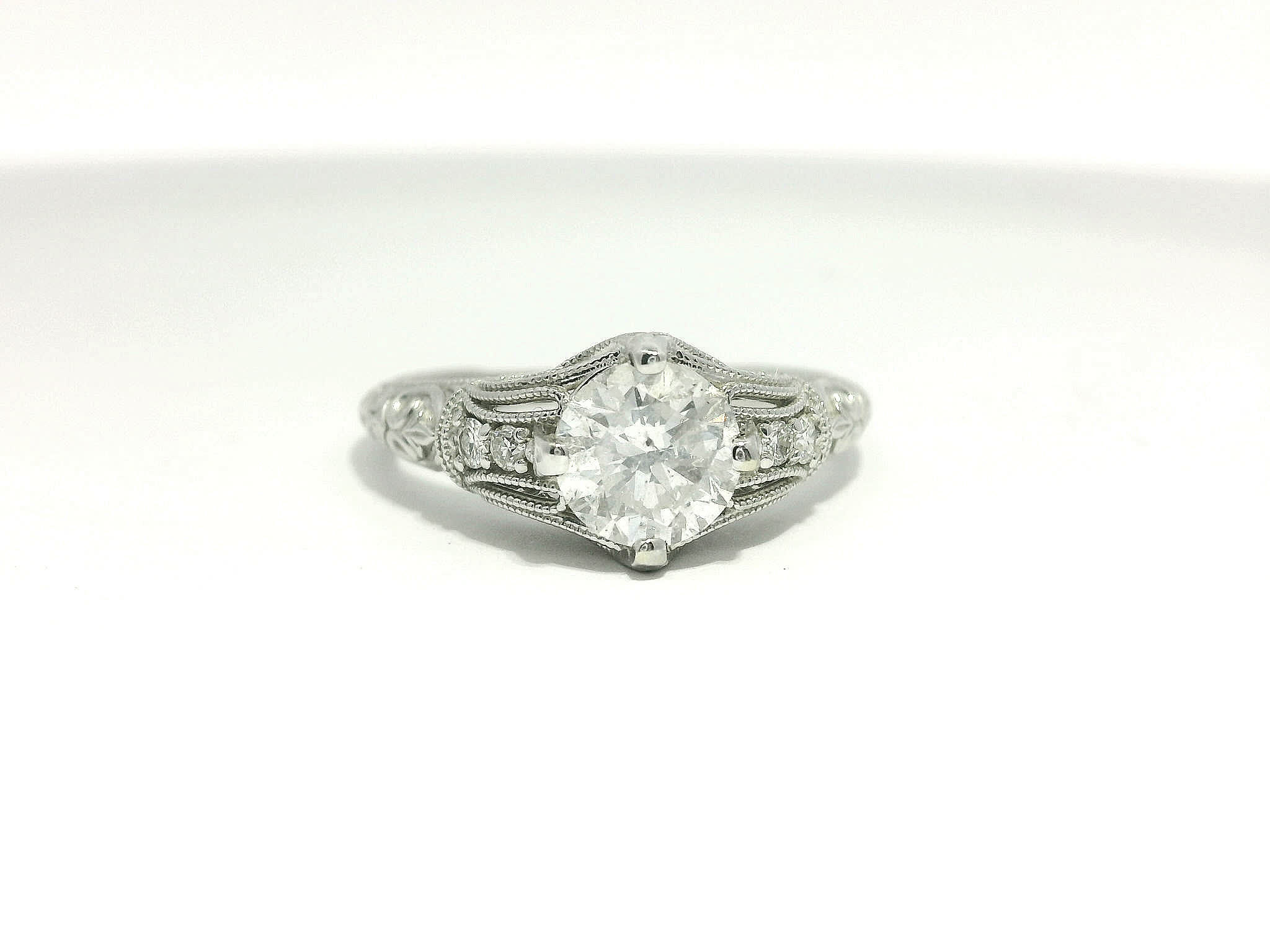 Round Brilliant Diamond Vintage Milgrain Engagement Ring in White Gold