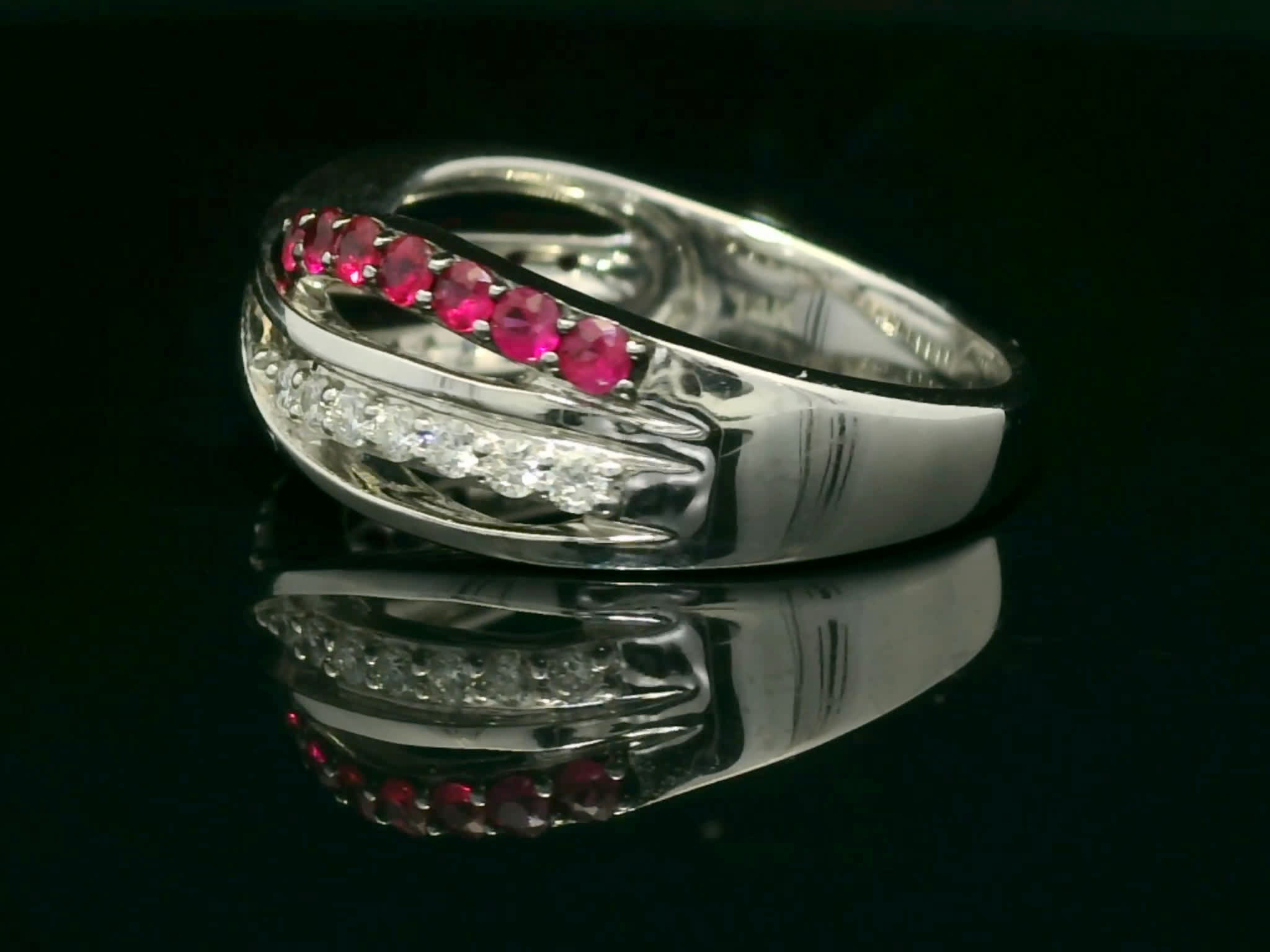 White Gold Crisscross Multi-Row Ruby and Diamond Band Ring
