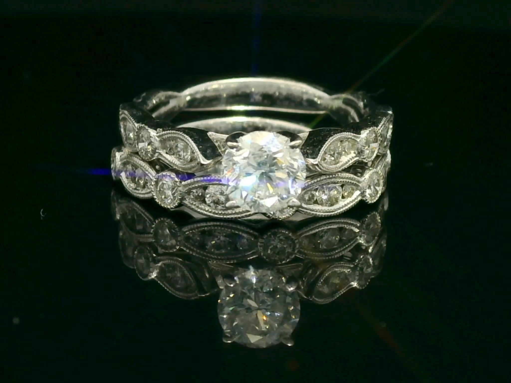 Round Brilliant Diamond Vintage Style Milgrain Bridal Set in White Gold