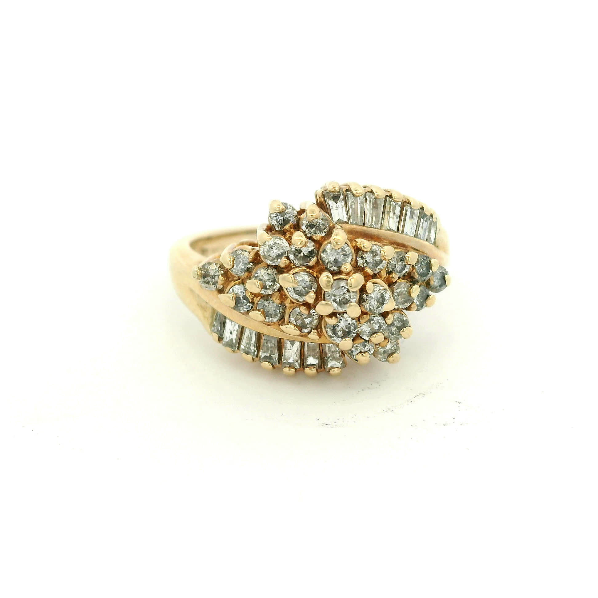 Yellow Gold Diamond Cluster Cocktail Ring with Baguette Accents