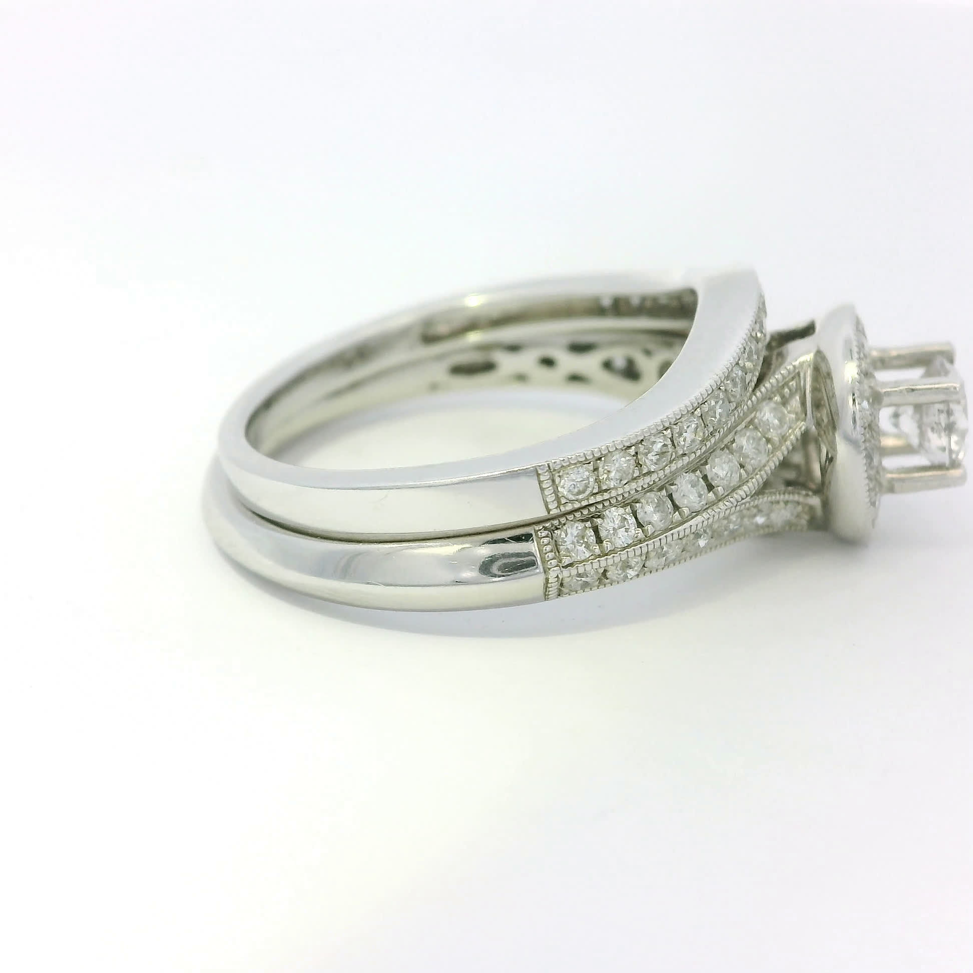 Vintage-Inspired White Gold Halo Diamond Bridal Set