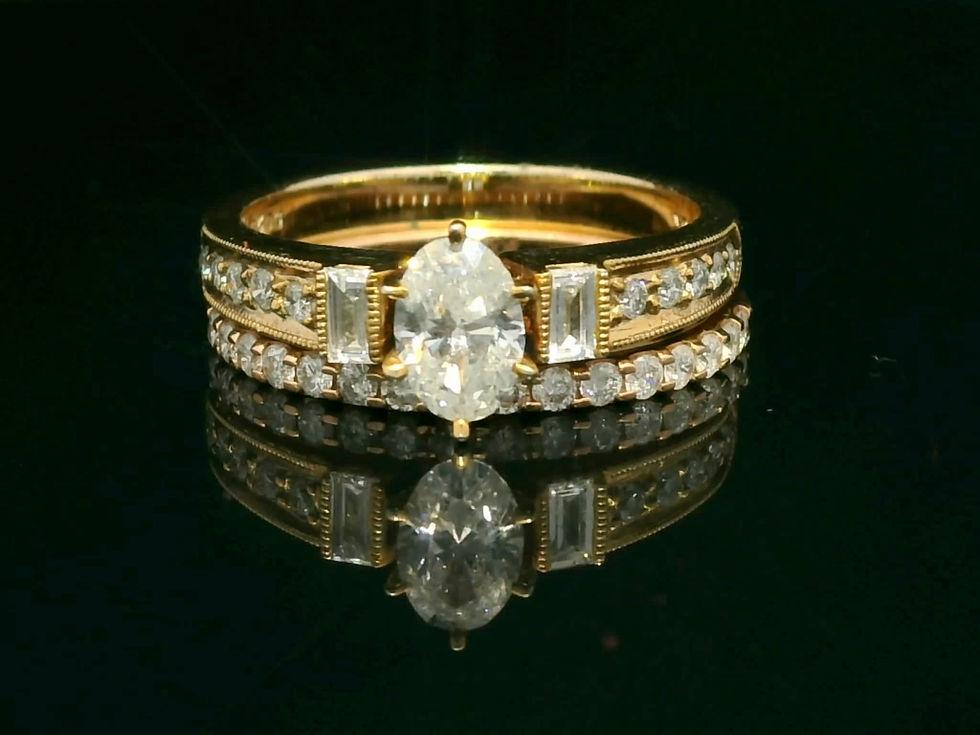 Thumbnail: Vintage-Inspired Oval Brilliant and Baguette Diamond Bridal Set in Yellow Gold