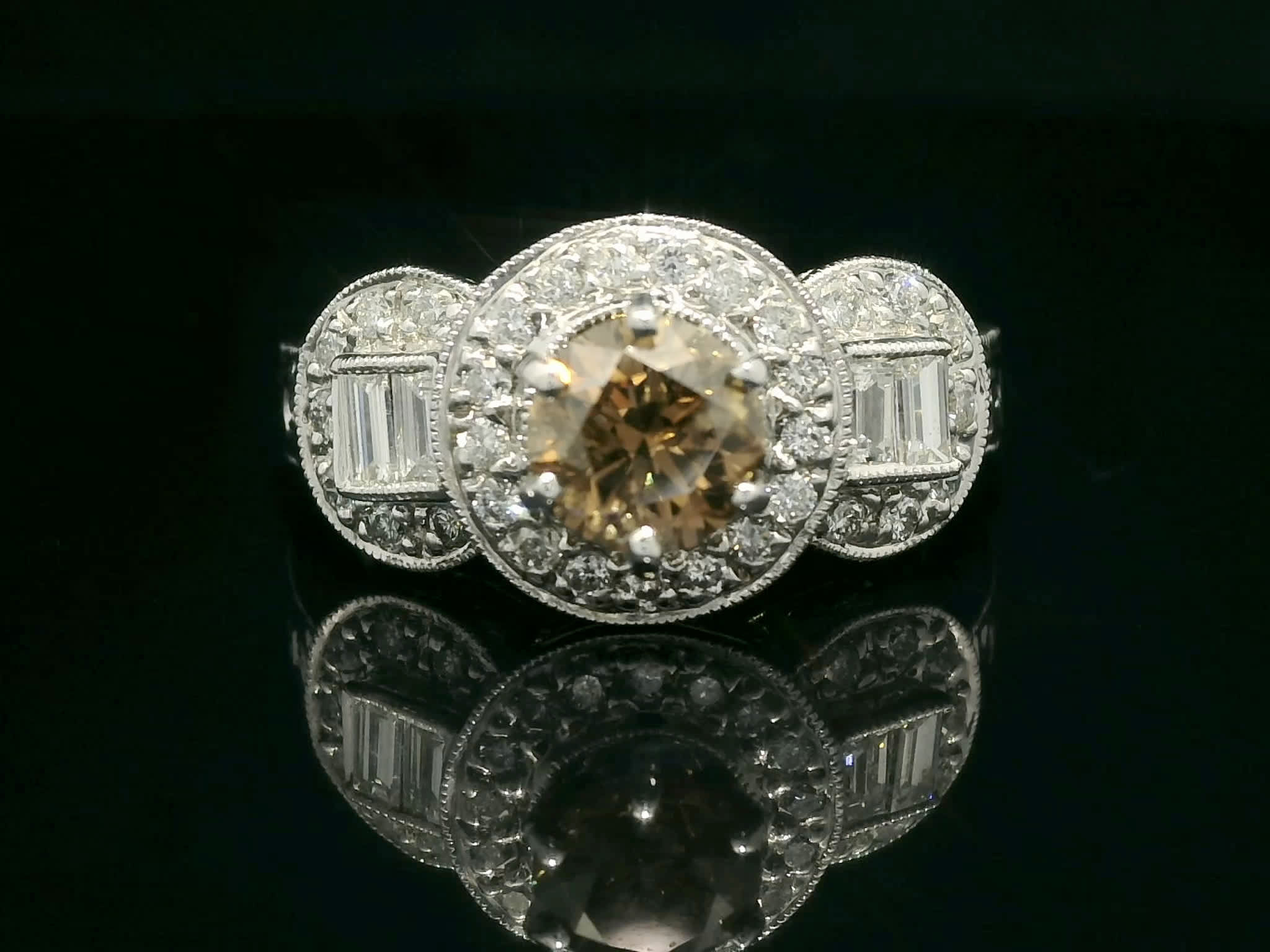 Fancy Brown Diamond and Baguette Three-Stone Halo Cocktail Ring