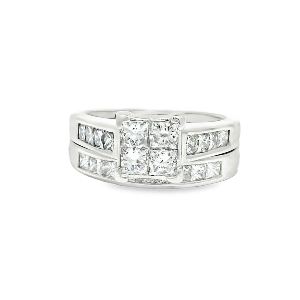 White Gold Quad Princess-Cut Diamond Cluster Bridal Wedding Ring Bridal Set