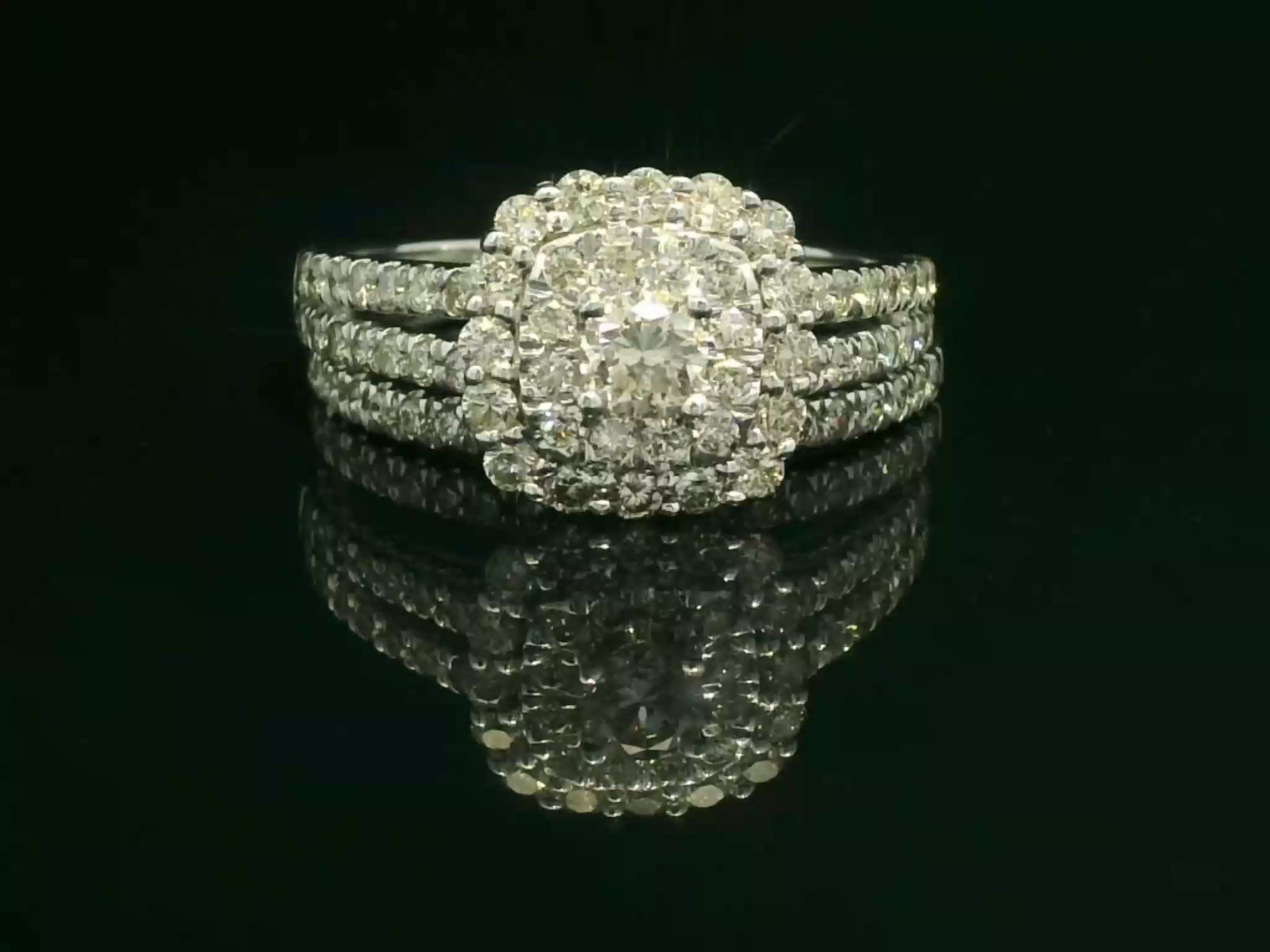 Triple Shank Double Halo Diamond Cluster Ring in White Gold