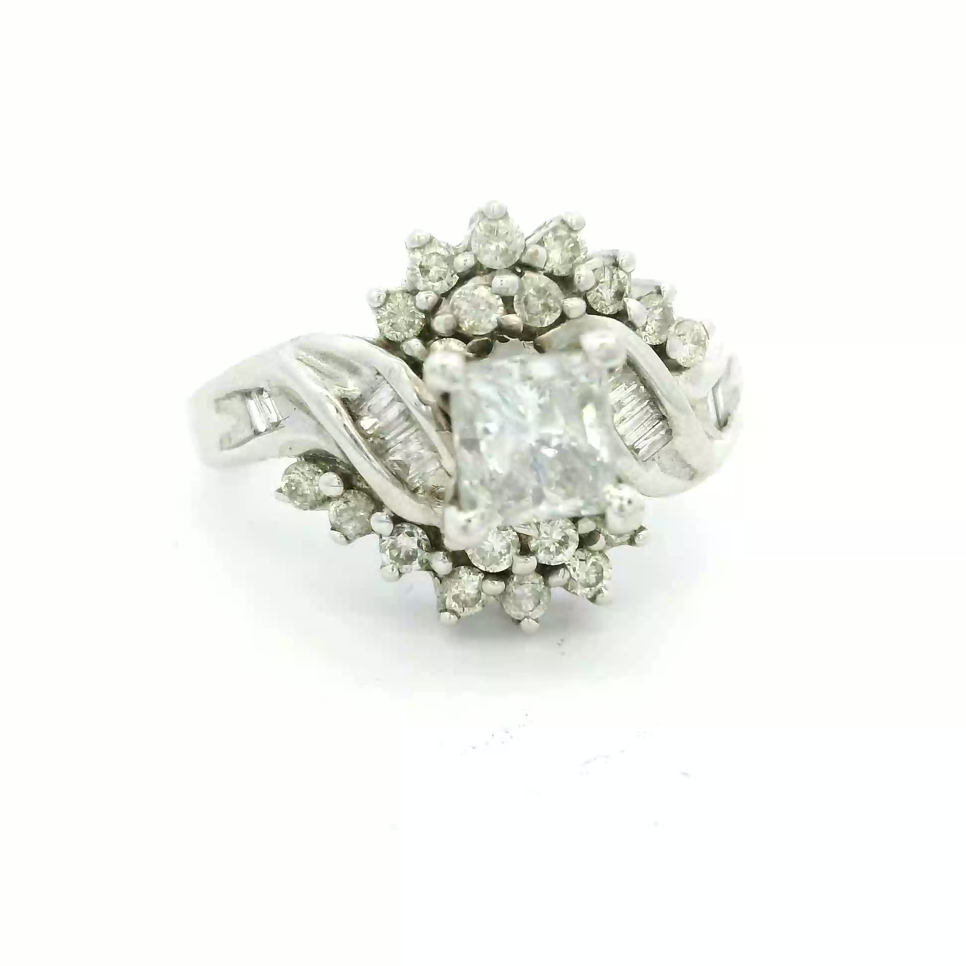 Princess Diamond White Gold Bypass Cluster Ring with Baguette Accents