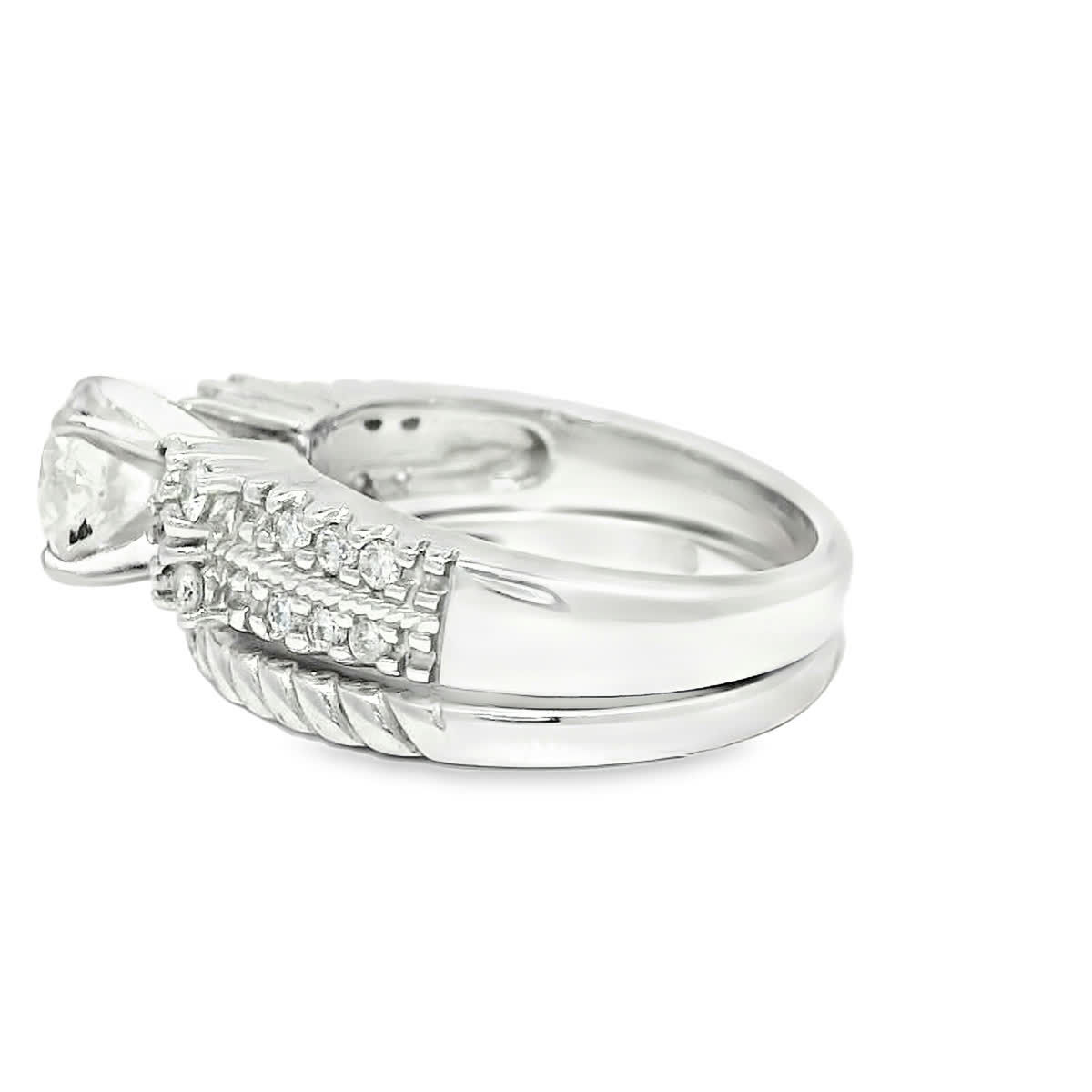 Round Brilliant Cut Diamond Rope Textured White Gold Wedding Band Set