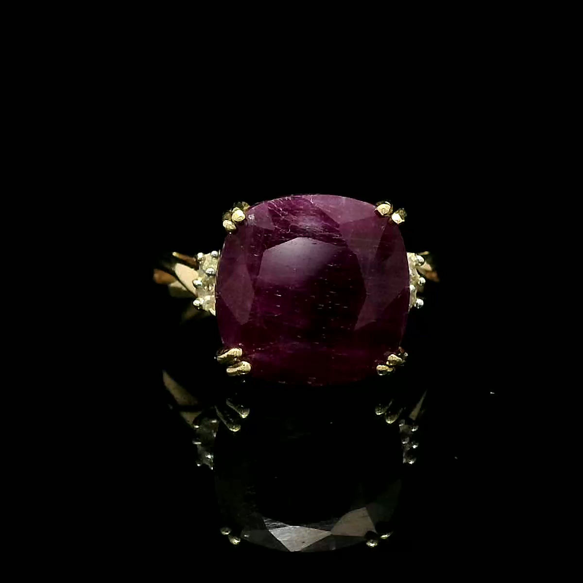Cushion Cut Purplish-Red Ruby and Diamond Accent Cocktail Ring in Yellow Gold