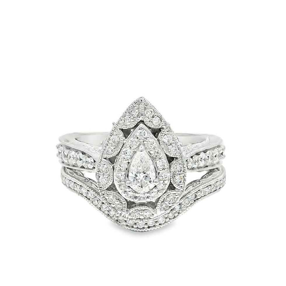 Thumbnail: Vintage-Style Pear Diamond Double Halo White Gold Bridal Set