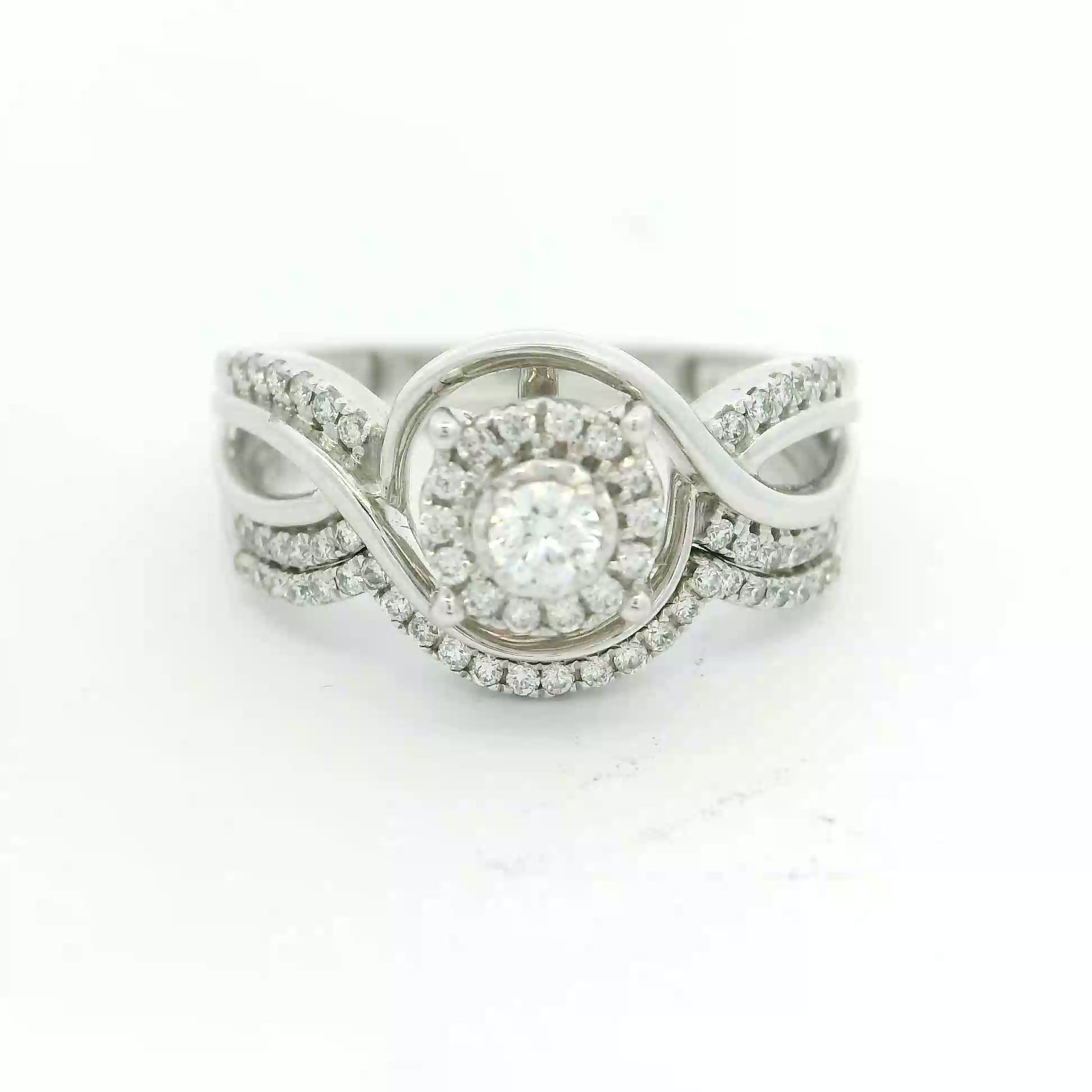 Round Brilliant Diamond Halo Engagement Ring in 14k White Gold Pavé Wave Band