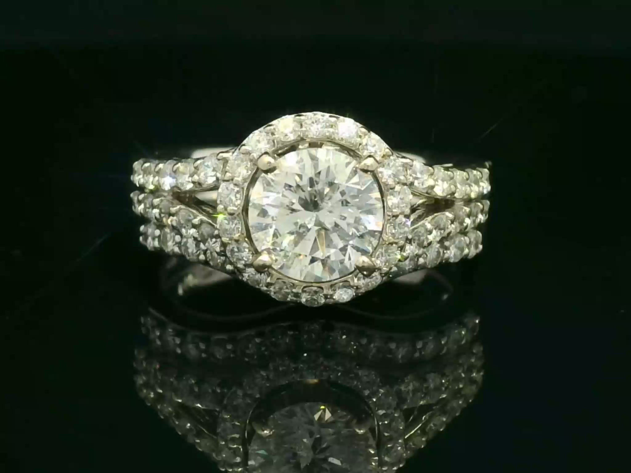 Round Brilliant Cut Diamond Halo Engagement Ring with Triple Pavé Split Shank