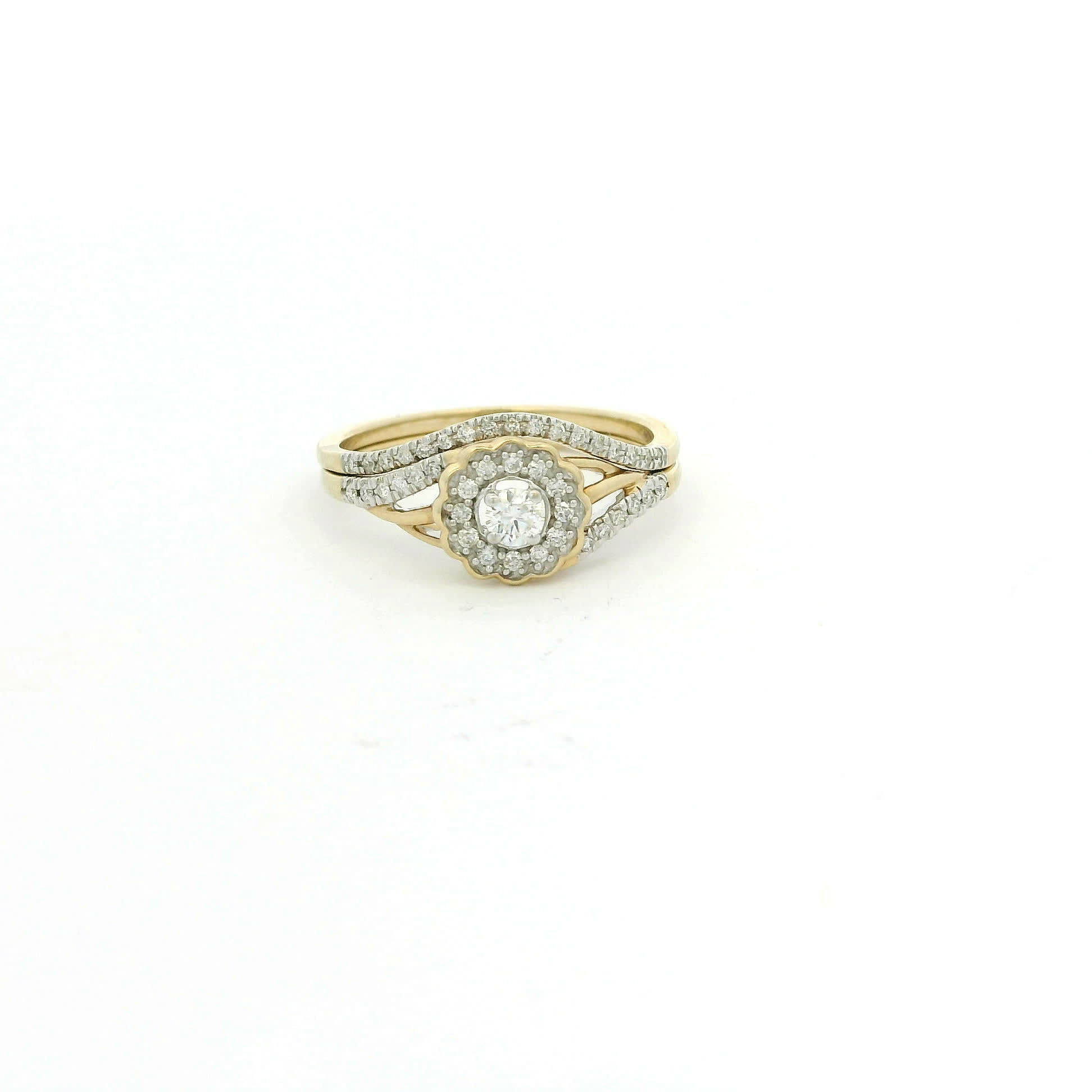 Round Brilliant Diamond Floral Halo Split-Shank Bridal Set in 14k Yellow Gold