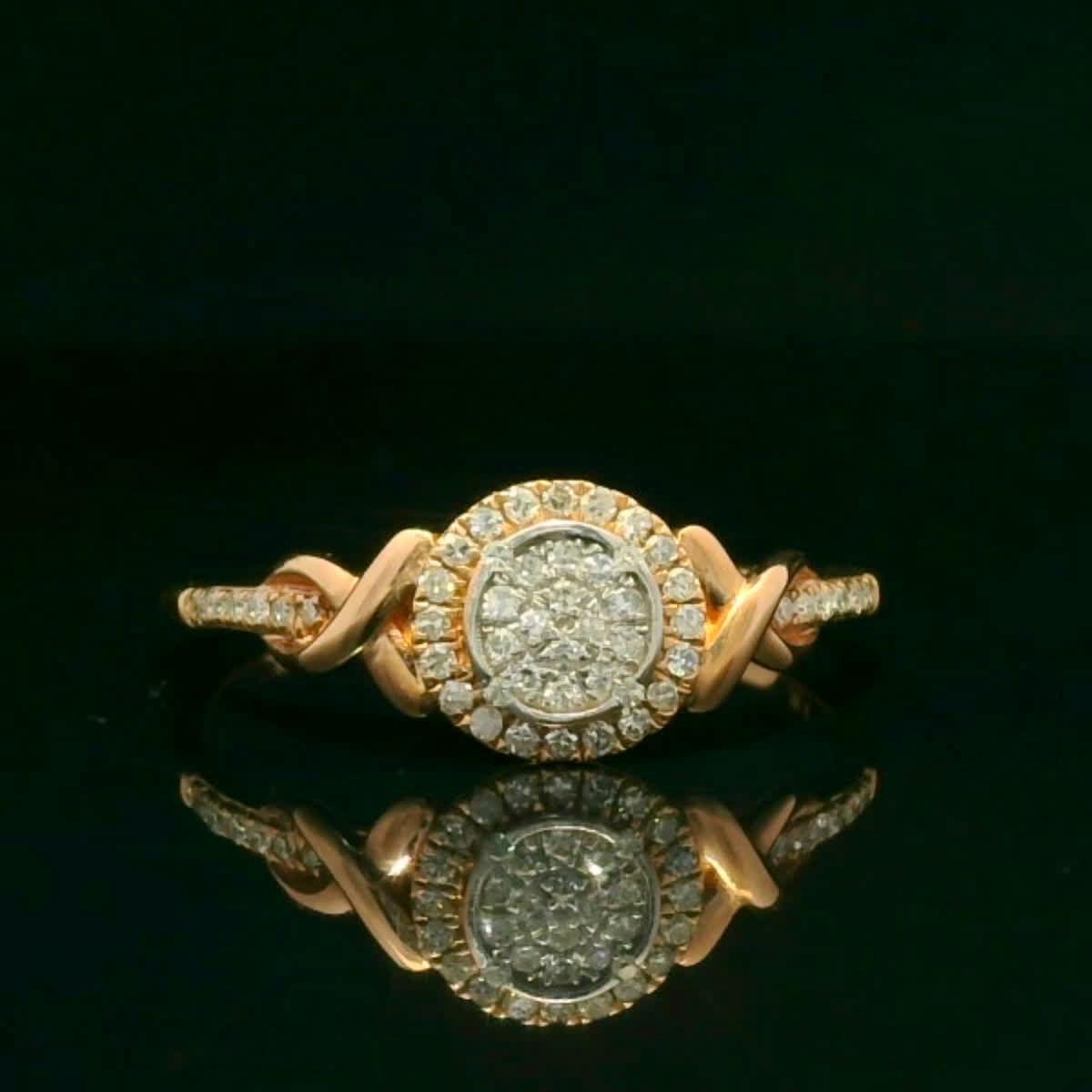 Rose Gold Diamond Halo Cluster Ring with Crossover Shoulders