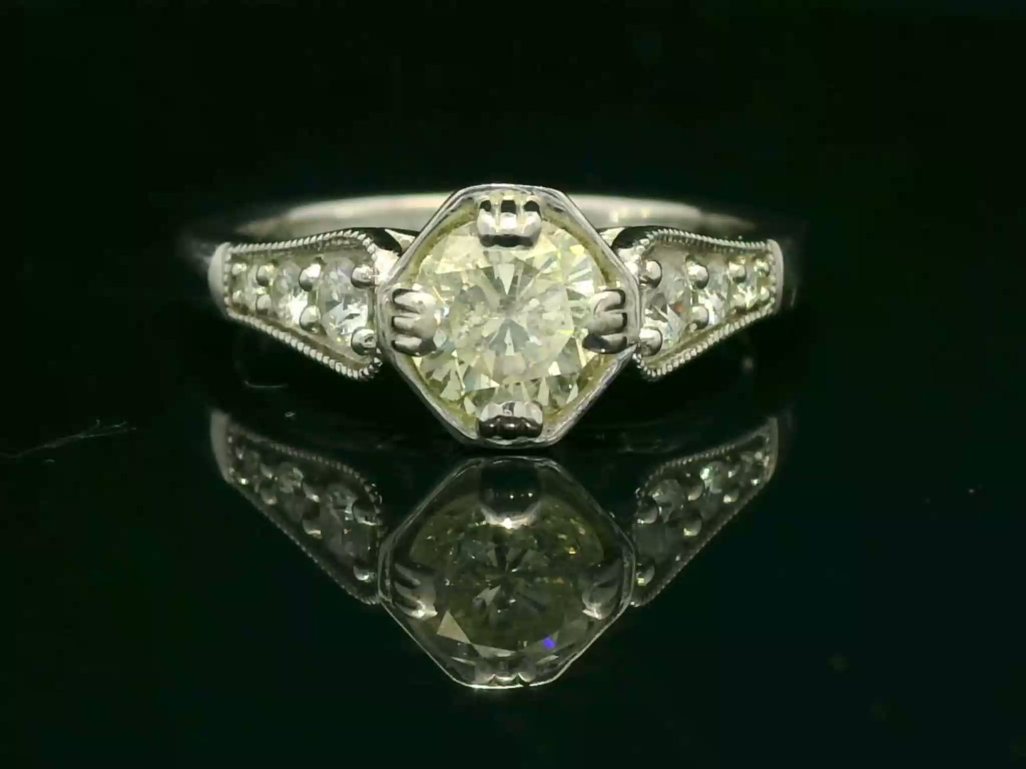 Vintage Hexagonal Round Brilliant Diamond Engagement Ring in White Gold