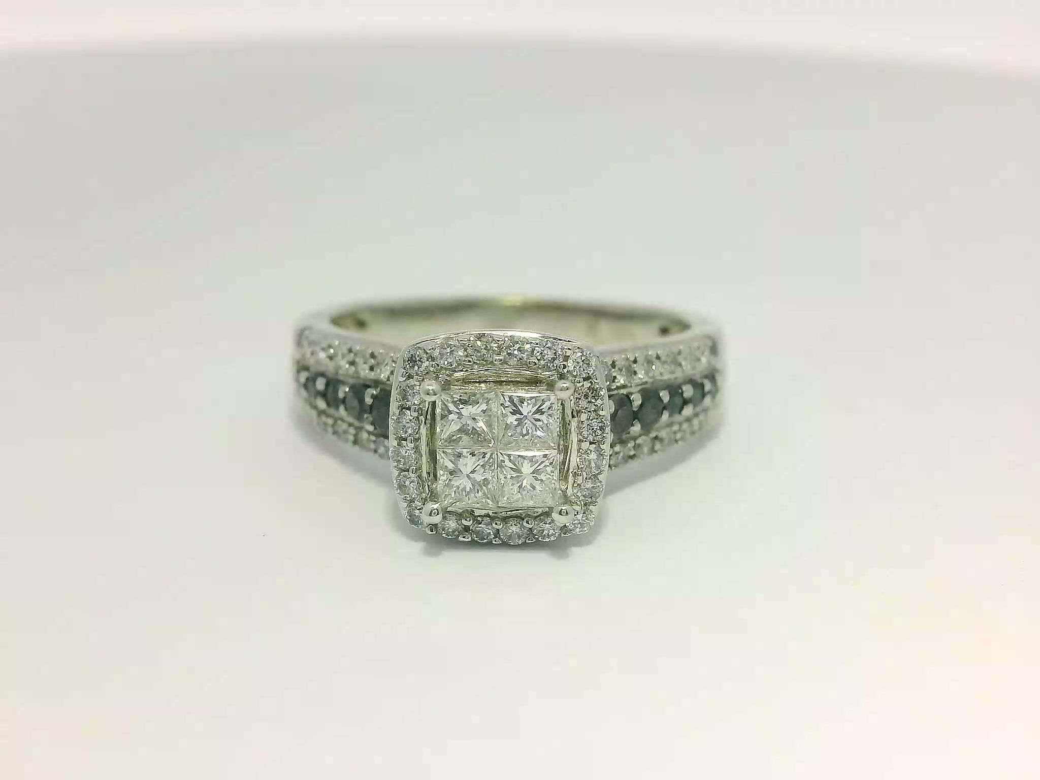 White Gold Princess Diamond Quad Halo Ring with Black Diamond Accents