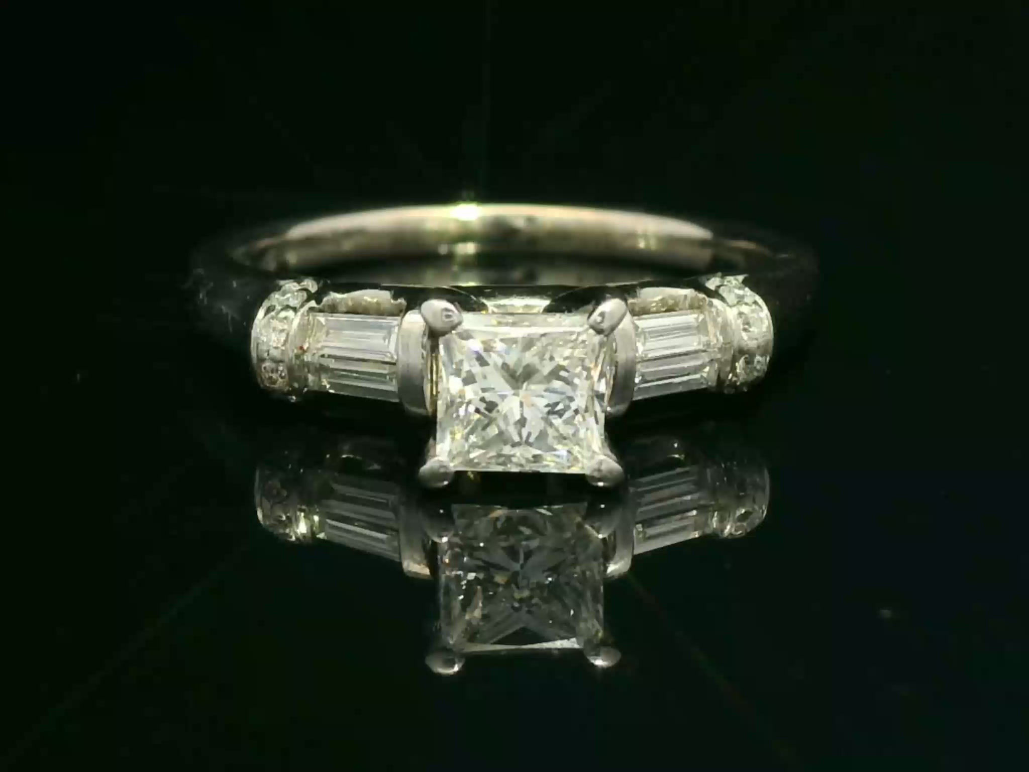 Princess Cut Diamond White Gold Engagement Ring with Baguette Sidestones