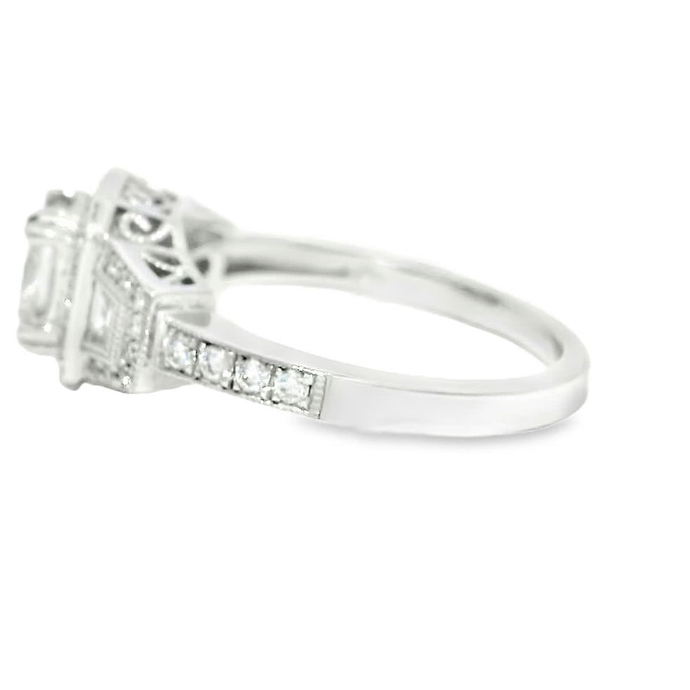 Thumbnail: Vintage-Style Princess-Cut Diamond Halo Engagement Ring in White Gold