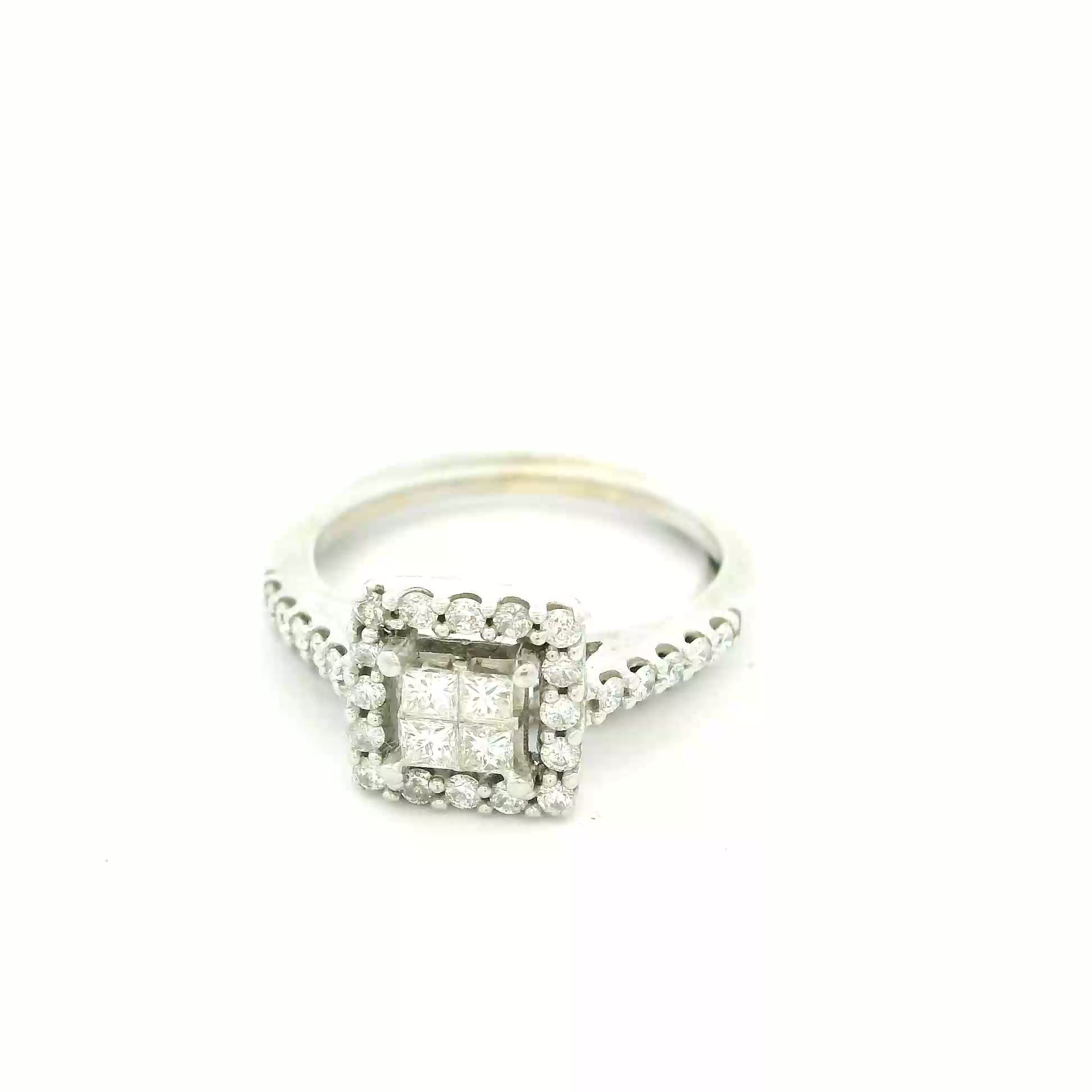 Princess Cluster Quad Diamond Square Halo Engagement Ring in White Gold