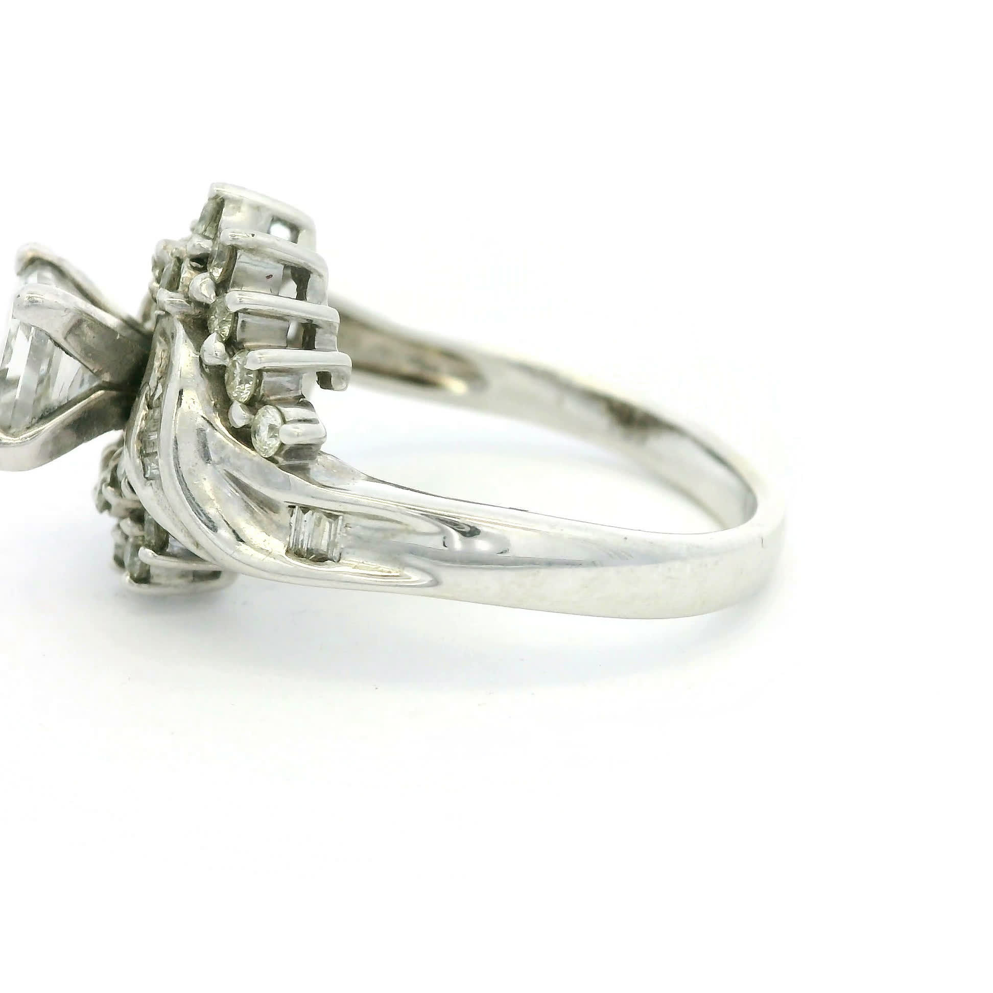 Princess Diamond White Gold Bypass Cluster Ring with Baguette Accents