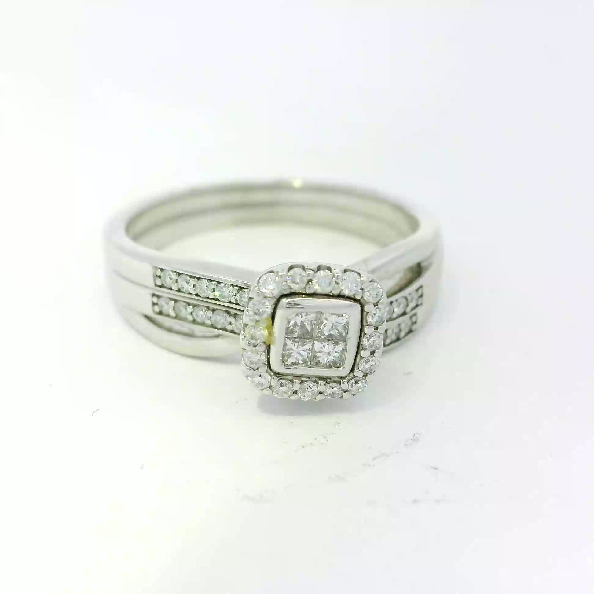 White Gold Princess Cut Quad Diamond Halo Wedding Ring Set