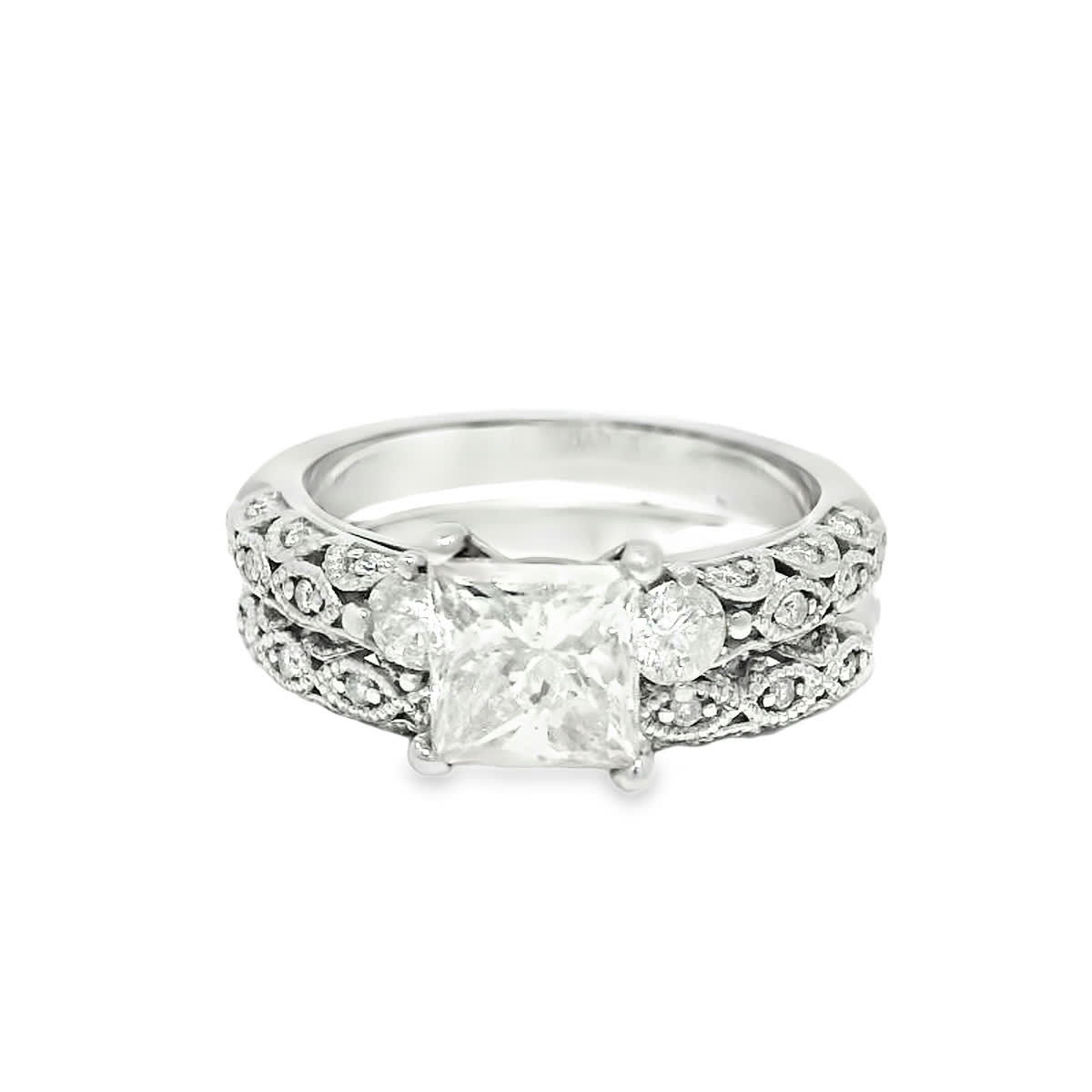 Princess-Cut Diamond Filigree Bridal Set in White Gold